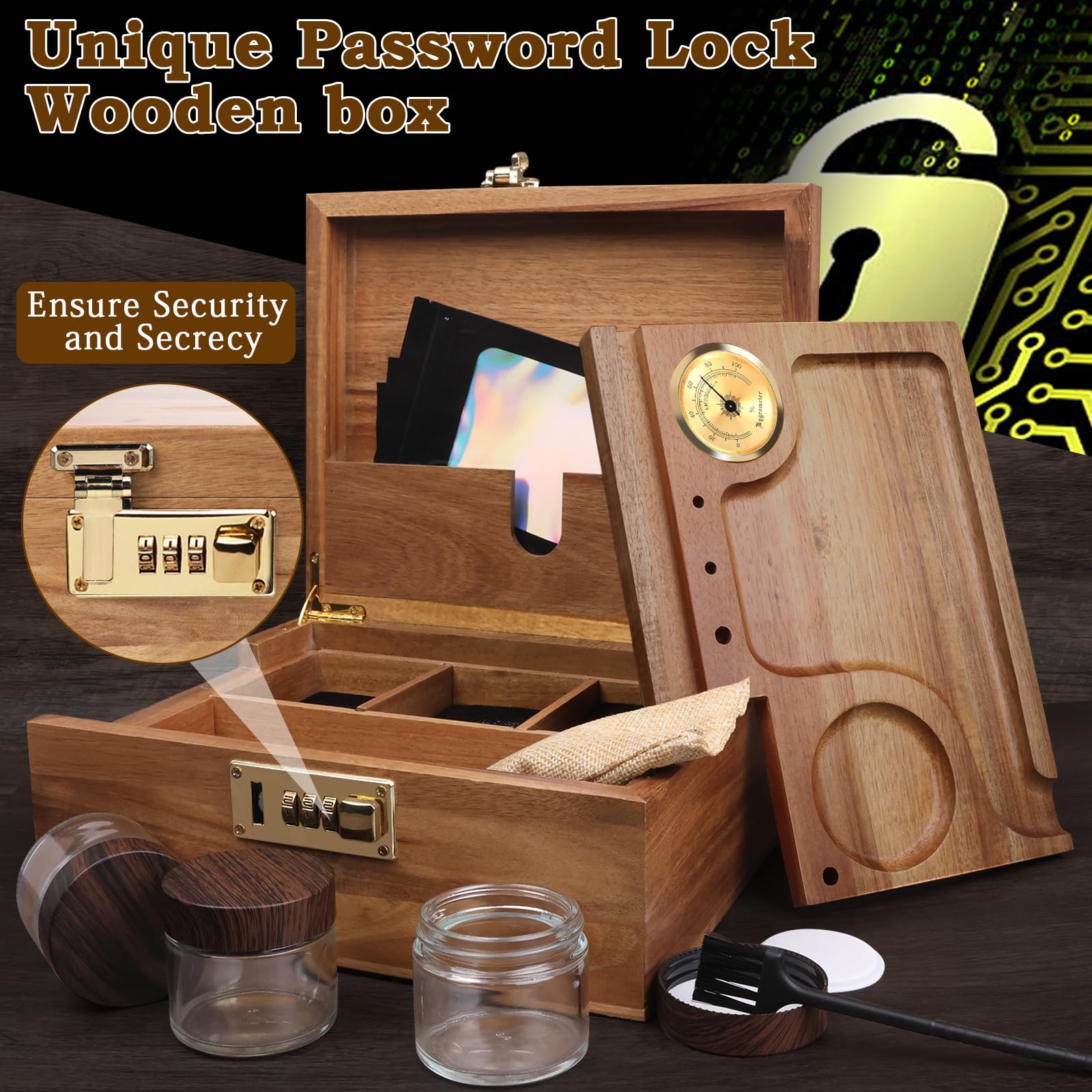 Premium Large Acacia Wood Storage Box with Built-in Hygrometer - Perfect for Cigar Humidor, Jewelry Organizer, and Home Decor