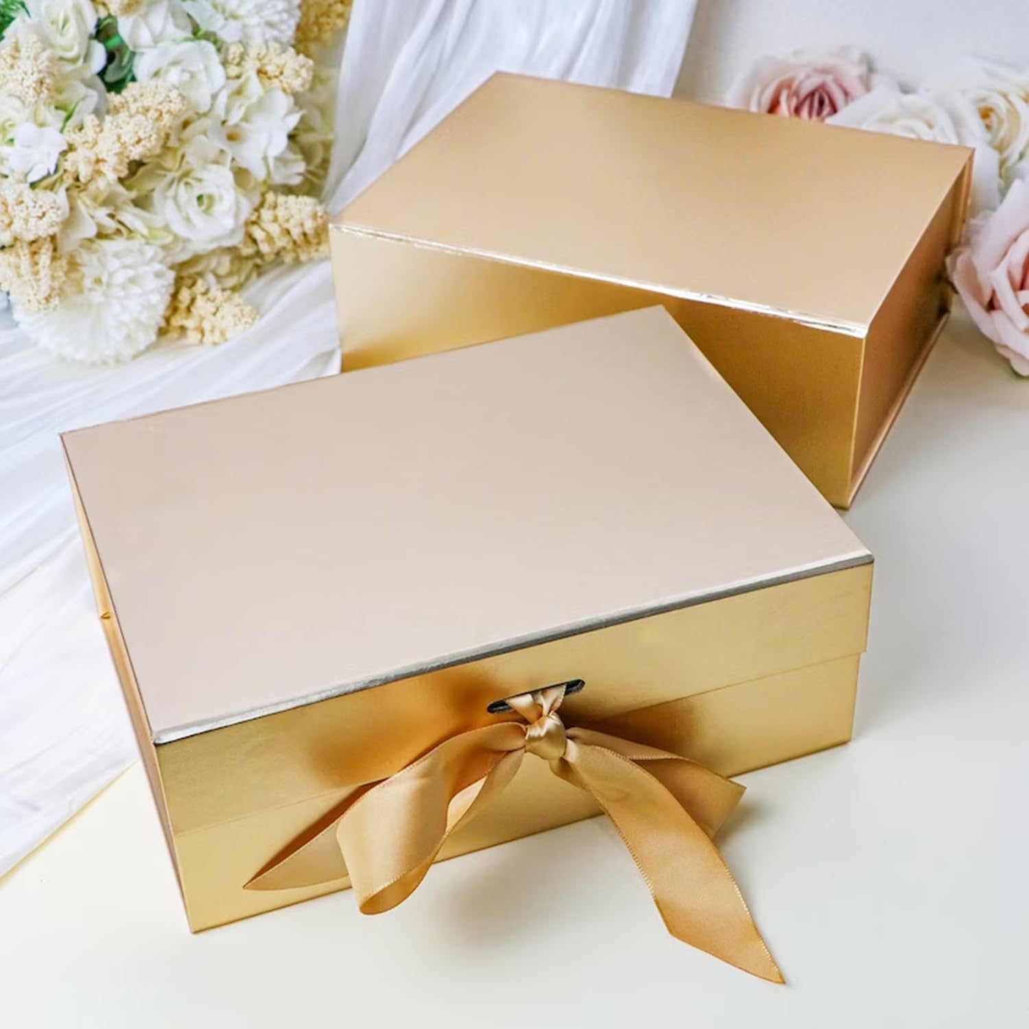 Elegant Gold Gift Box with Ribbon - 23x16x10cm Reusable Folding Present Box for Rakhi, Birthday Party Favors & Special Occasions | Premium Gift Packaging for Jewelry, Candles & Luxury Items