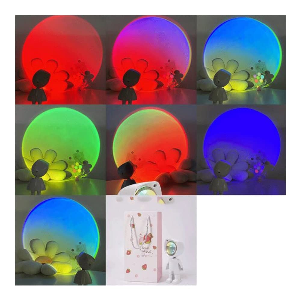 USB Rechargeable Astronaut Desk Lamp with Robot Projection & Sunset Rainbow Gradient - Multi-Color LED Night Light for Bedroom, Kids Room & Office Workspace