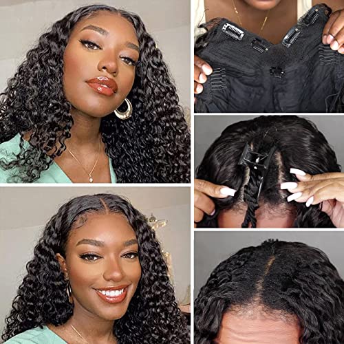 V Part Wig Human Hair Deep Wave 180% Density No Leave Out Curly Wigs for Black Women - 14 Inch Upgrade U Part Wig | Perfect for Daily Wear, Parties & Special Occasions