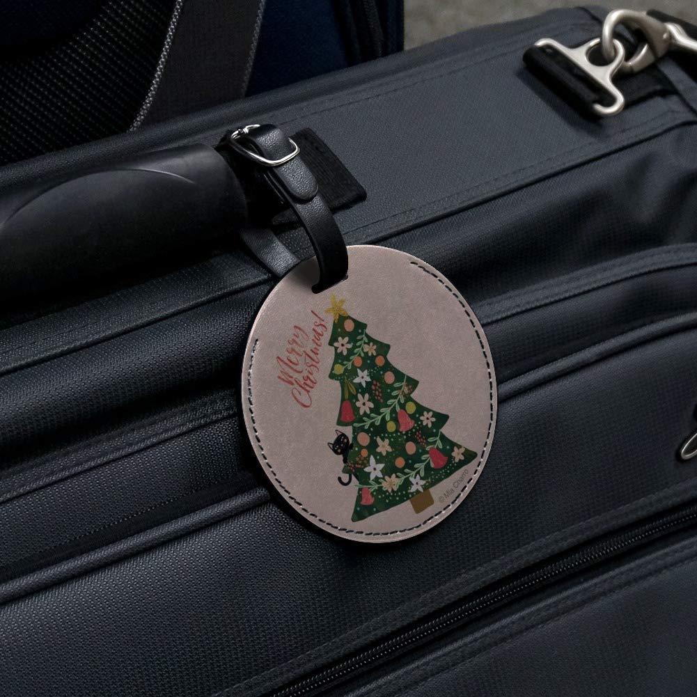 Christmas Tree Cat-Themed Round Leather Luggage Tag - Personalized Carry-On ID Tag for Travel & Suitcases | Perfect Gift for Cat Lovers & Holiday Travelers