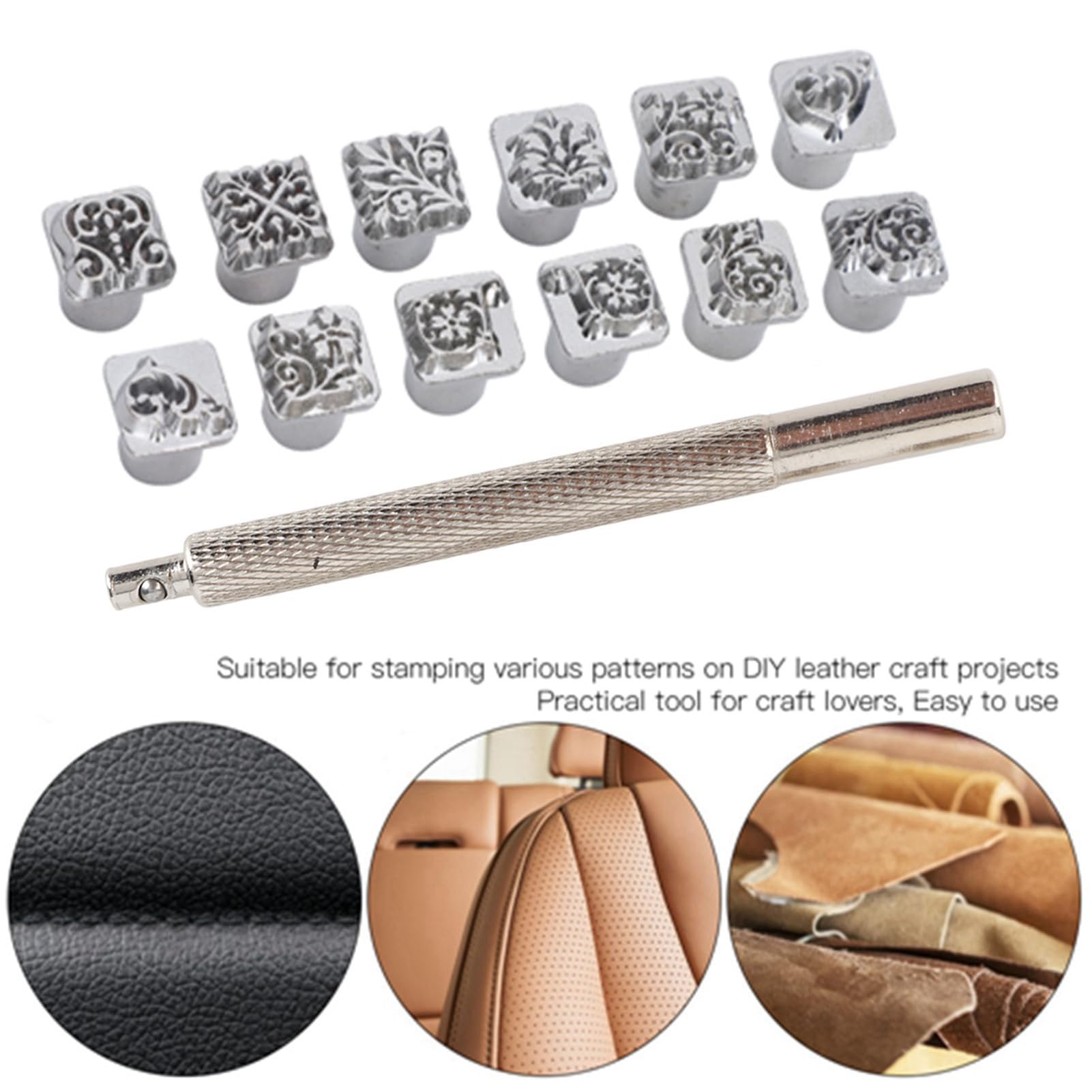 12Pcs Flower Design Leather Stamps Set - DIY Leather Craft Punch Tools with Handle for Leatherworking, Leather Embossing, and Custom Leather Printing | Perfect for Leathercraft, DIY Projects, and Personalized Gifts