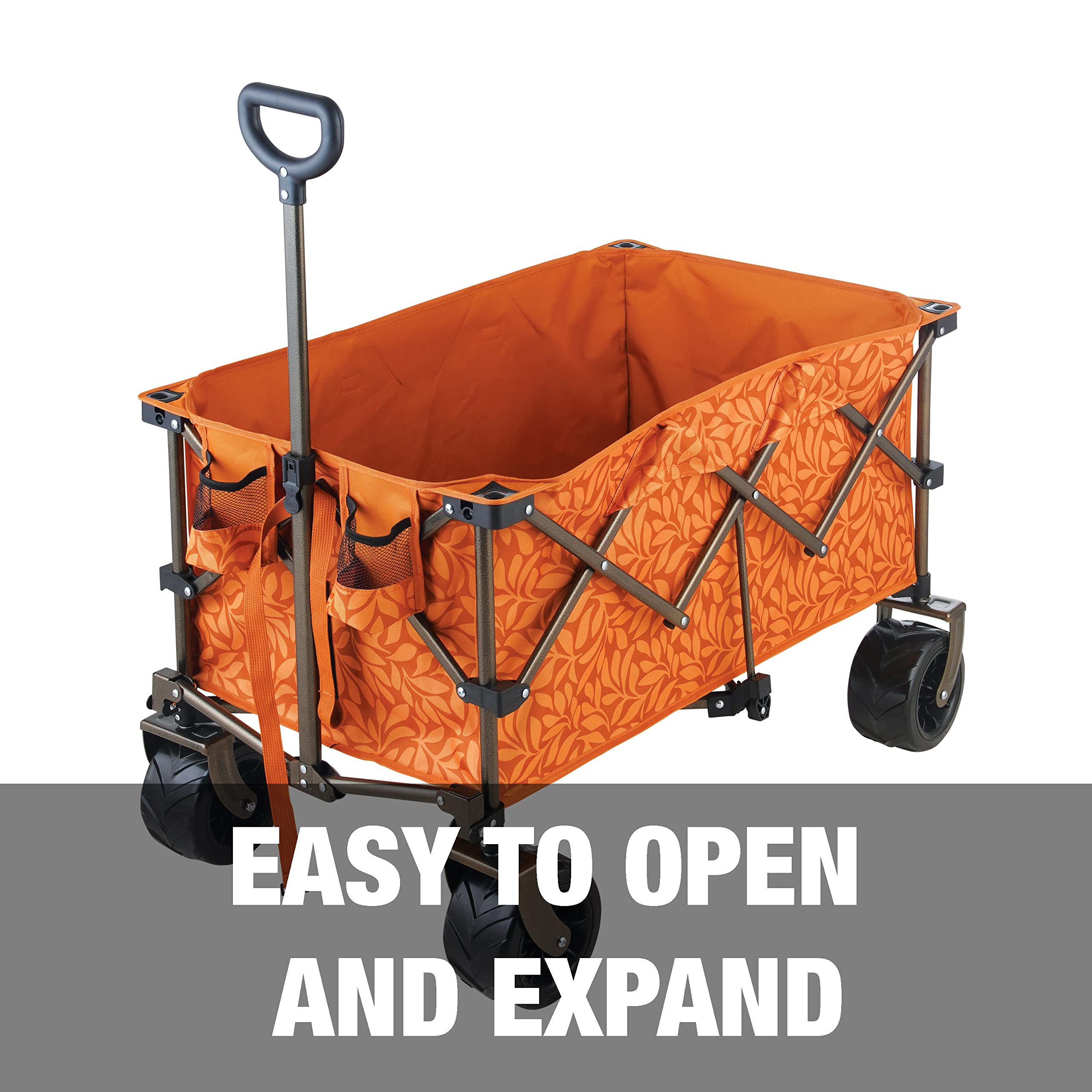 Bliss Hammocks BHW-100-AL 36 Inch Foldable Beach Cart with Storage Pouch, Cup Holders & Swivel Wheels - Heavy Duty Waterproof Utility Wagon for Sand, Camping, Picnics (175 lb Capacity, Amber Leaf) - Perfect for Beach Trips, Tailgating and Outdoor Adventures
