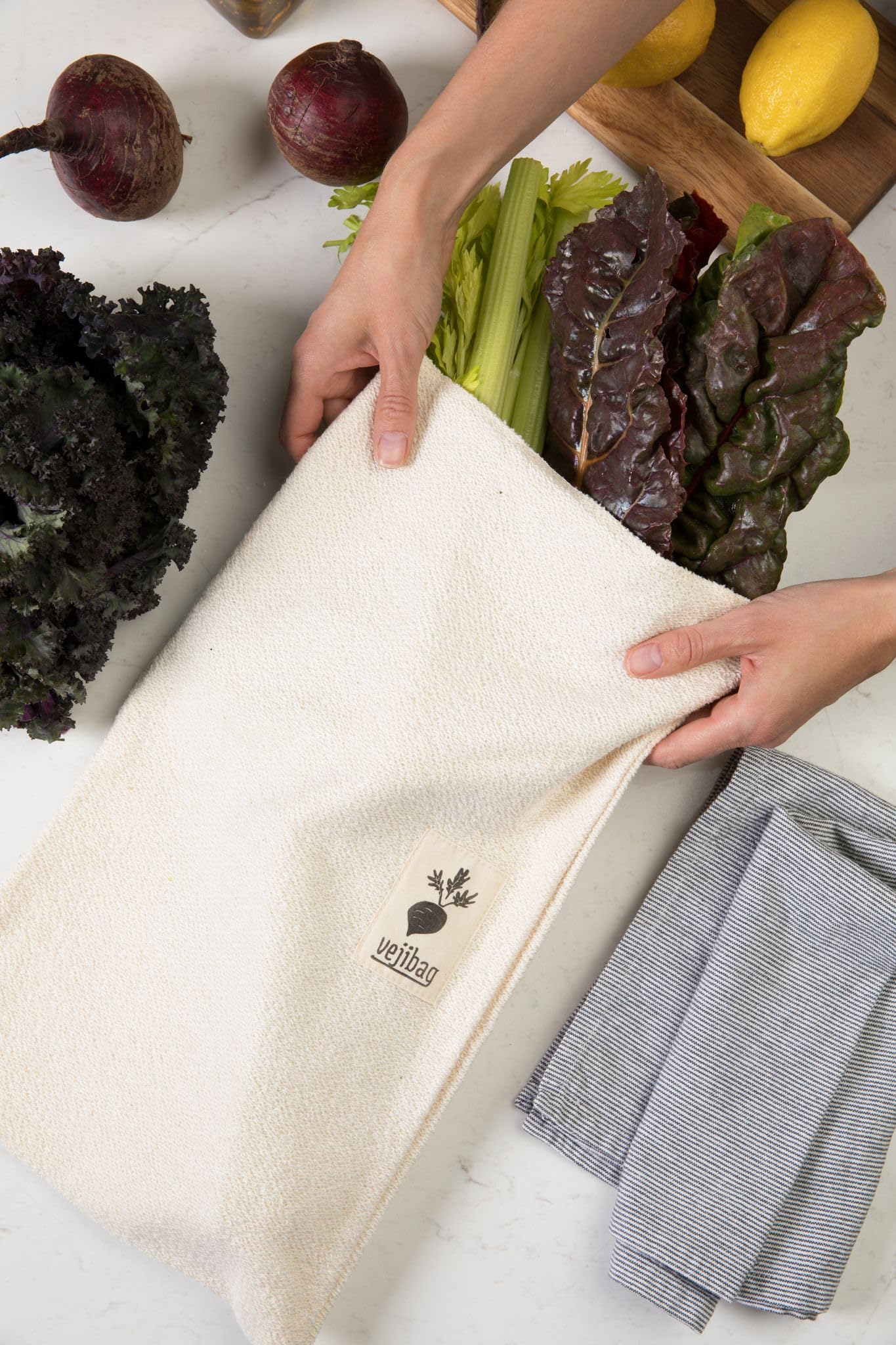 Certified Organic Cotton Vegetable Crisper Bags – Large Reusable Produce Bags for Lettuce & Veggies | Eco-Friendly, Biodegradable, Machine Washable & Dryable | Keep Food Fresh Longer | Perfect for Grocery Shopping, Meal Prep & Sustainable Storage | Made in USA