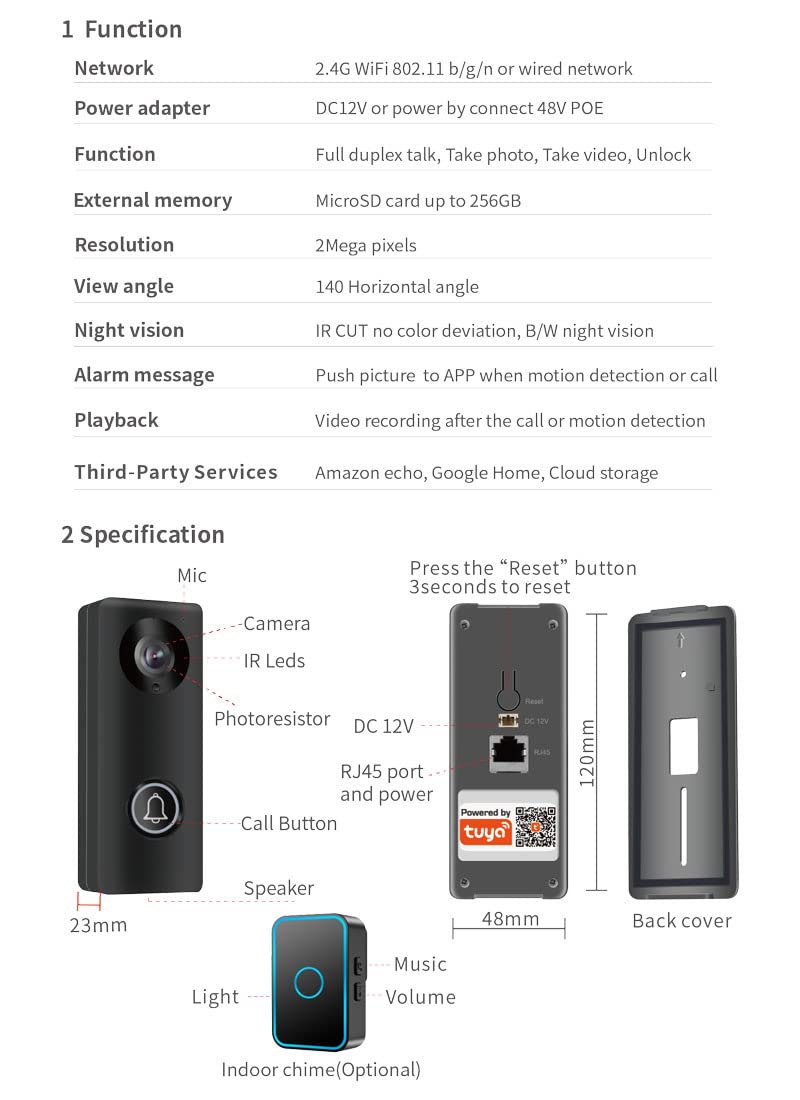 Smart WiFi Video Doorbell with Indoor Chime - 2MP HD, IR Night Vision, Motion Detection, 2-Way Audio, Cloud Playback & App Control - Compatible with Android/iOS, Alexa & Google Assistant - Perfect for Home Security & Smart Home Integration