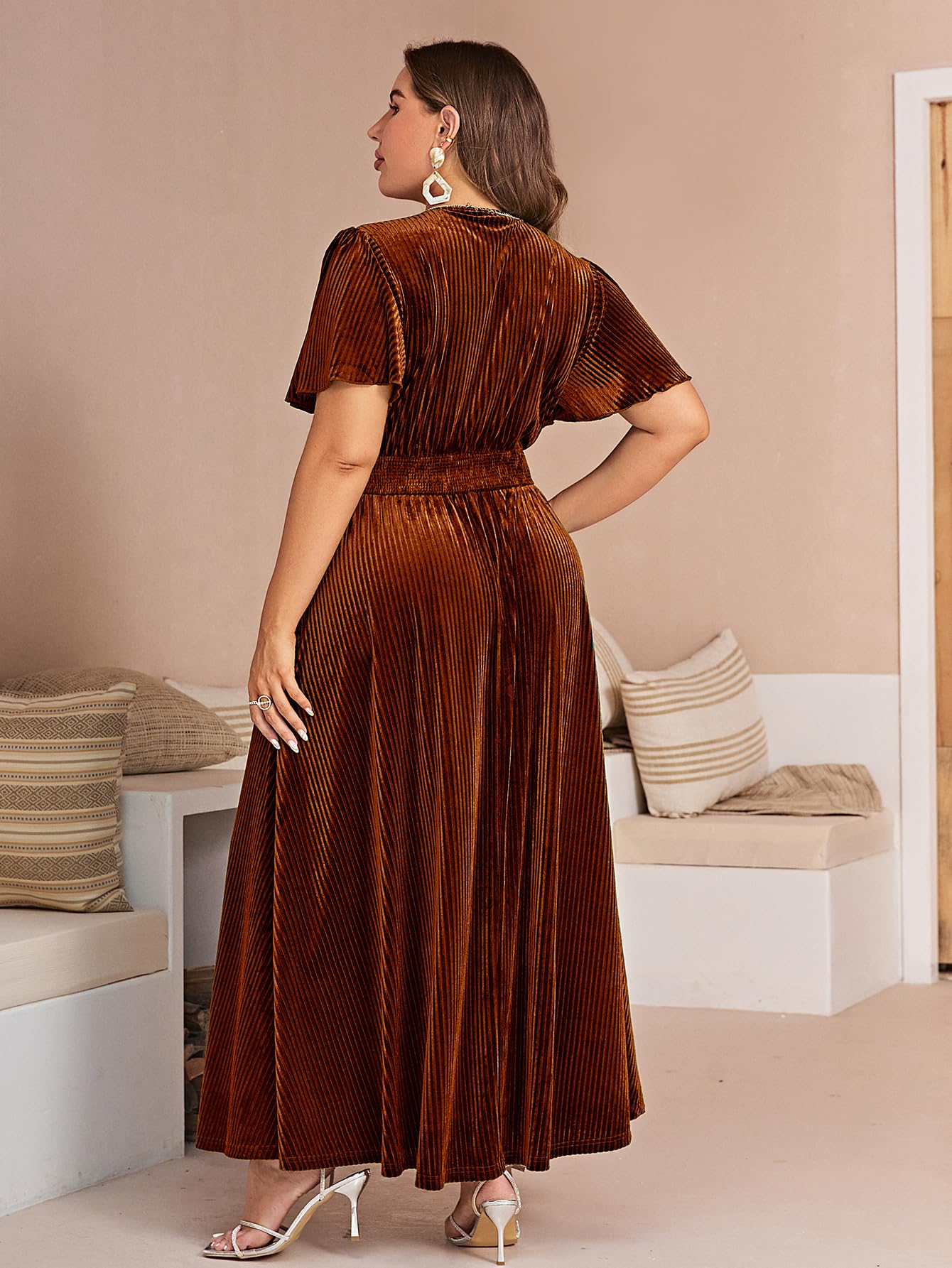 Simplee Women’s V Neck Velvet Maxi Dress - Short Sleeve Empire Waist Formal Gown for Wedding Guest, Party, Evening Events & Special Occasions