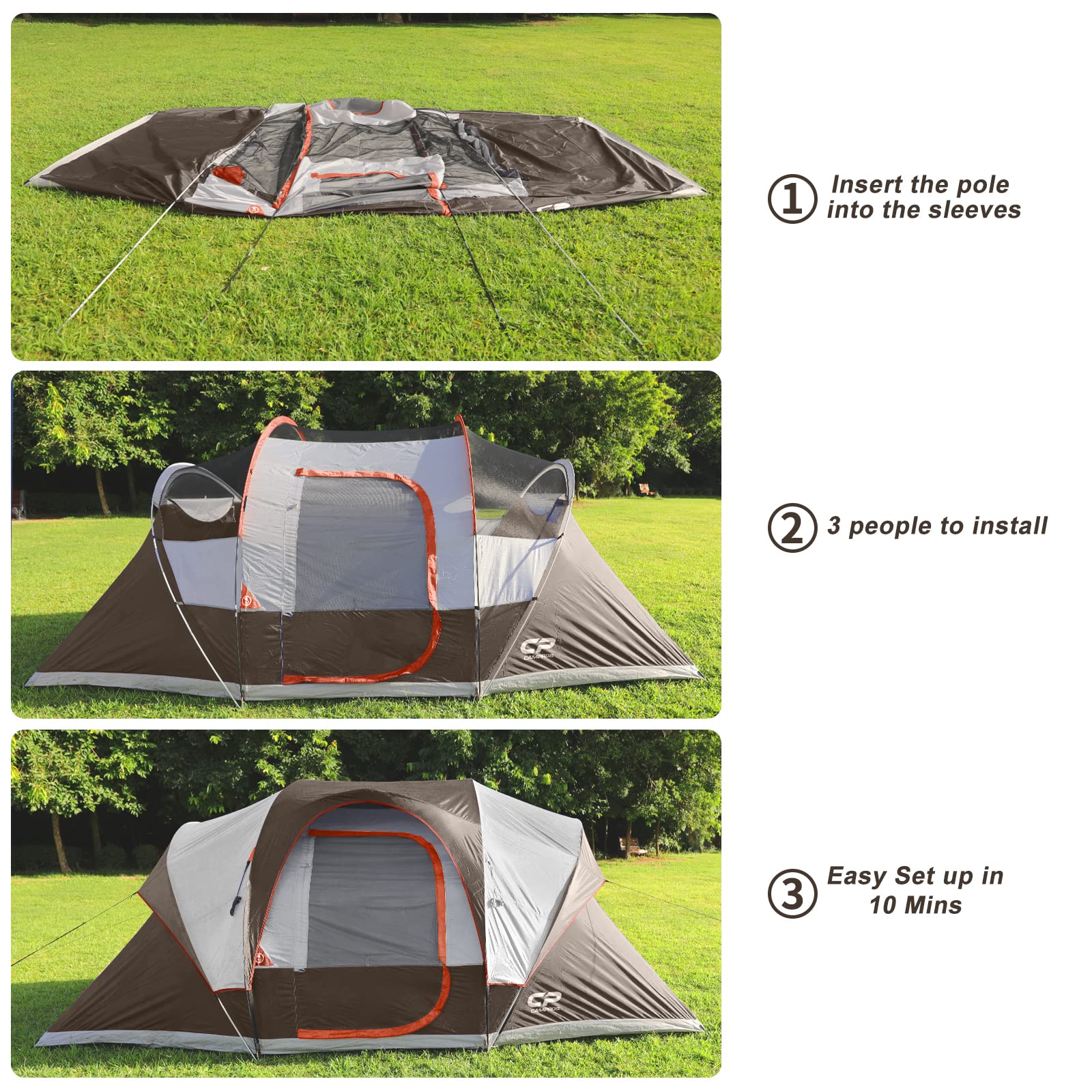9 Person Camping Tent - CAMPROS CP 2 Room Waterproof Family Tent with Rainfly, 4 Large Mesh Windows & Carry Bag for Outdoor Adventures, Hiking, and Backpacking