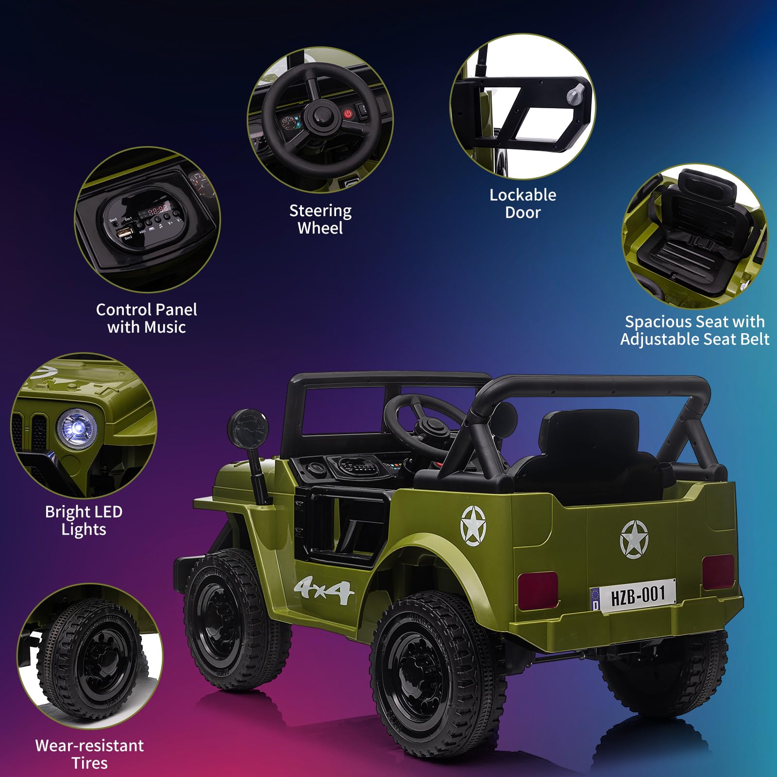 12V Electric Ride On Truck for Kids with Remote Control, Spring Suspension, LED Lights & Music - Adjustable Speed, Safety Belt - Green Toy Car for Boys & Girls Ages 3+ | Outdoor Play, Birthday Gift, Backyard Fun