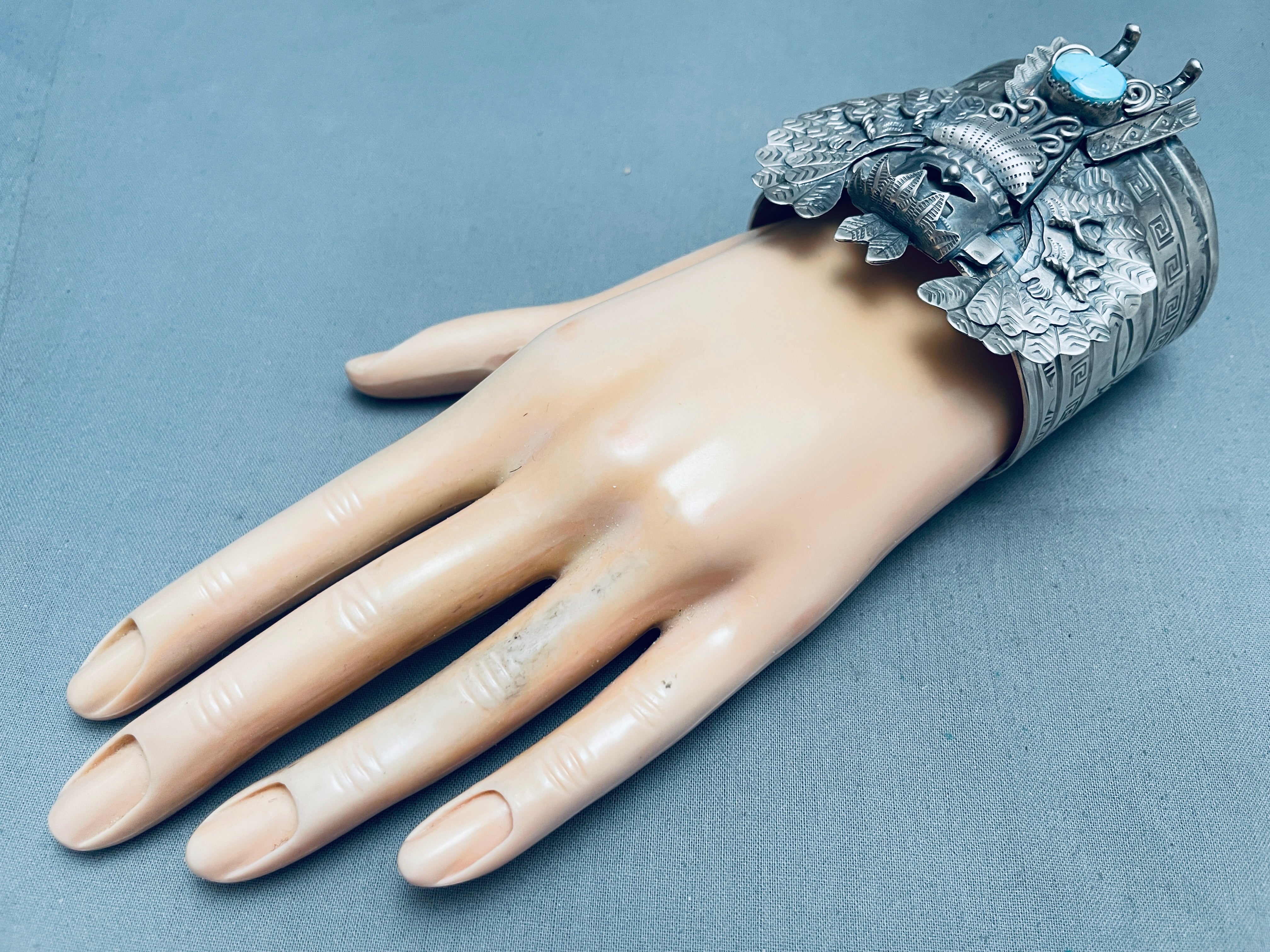 135g Heavy Navajo Turquoise Sterling Silver Kachina Bracelet - Authentic Native American Jewelry for Women, Perfect for Boho Fashion & Special Occasions