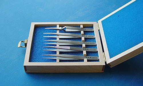 Professional High Precision Tweezer Set (Styles 0, 00B, 2, 2A, 2AX) in Wooden Case - Ideal for Electronics Repair, Jewelry Making & Eyebrow Grooming