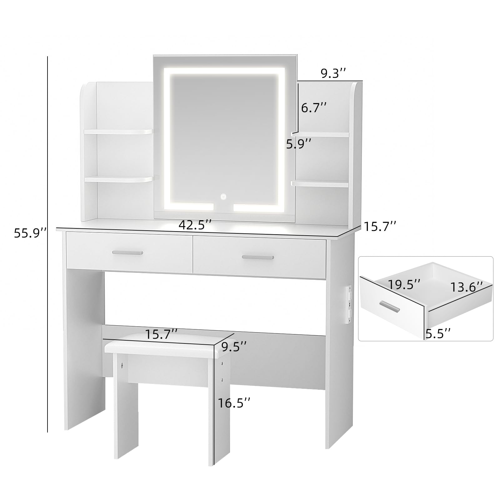 Lighted Makeup Vanity Desk with Power Outlet & Stool - 3 Color Lights, Adjustable Brightness, 6 Shelves & 2 Drawers - Perfect for Bedroom Dressing Area