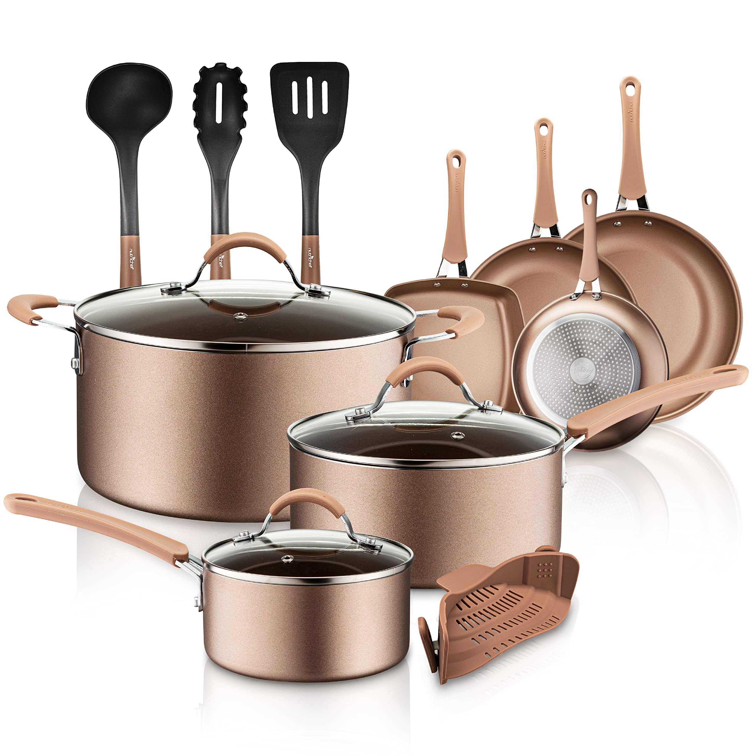 NutriChef 14-Piece Nonstick Cookware Set - PFOA, PTFE & PFOS Free - Heat Resistant Kitchenware with Saucepan, Frying Pans, Dutch Oven & Lids - Perfect for Sauteing, Frying & Slow Cooking - NCCW14S, AGold