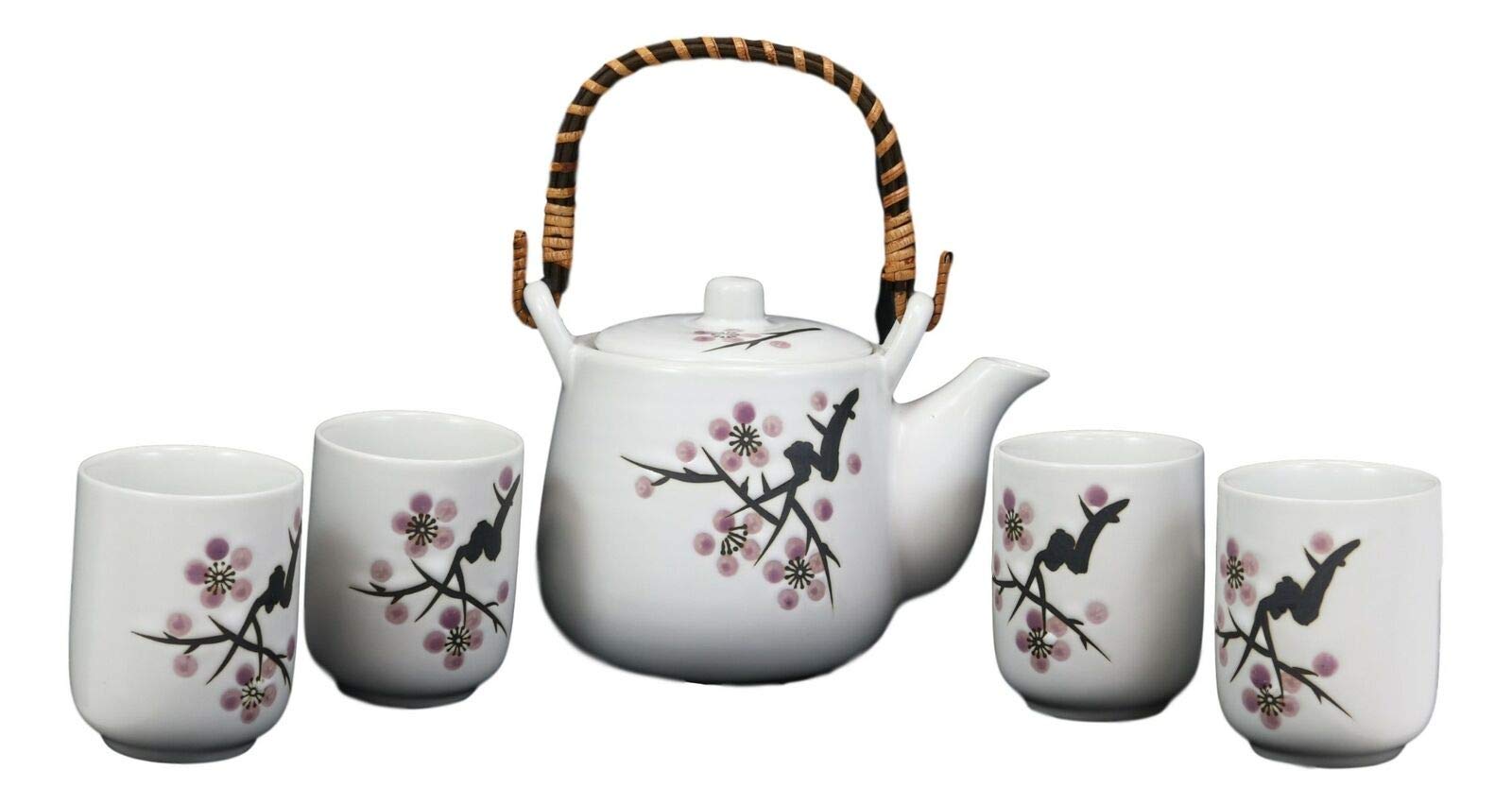 Japanese Pink Cherry Blossom Sakura Porcelain Tea Set - 6-Piece White Teapot & Cups Gift Set for Afternoon Tea, Home Decor, and Japanese Tea Ceremony