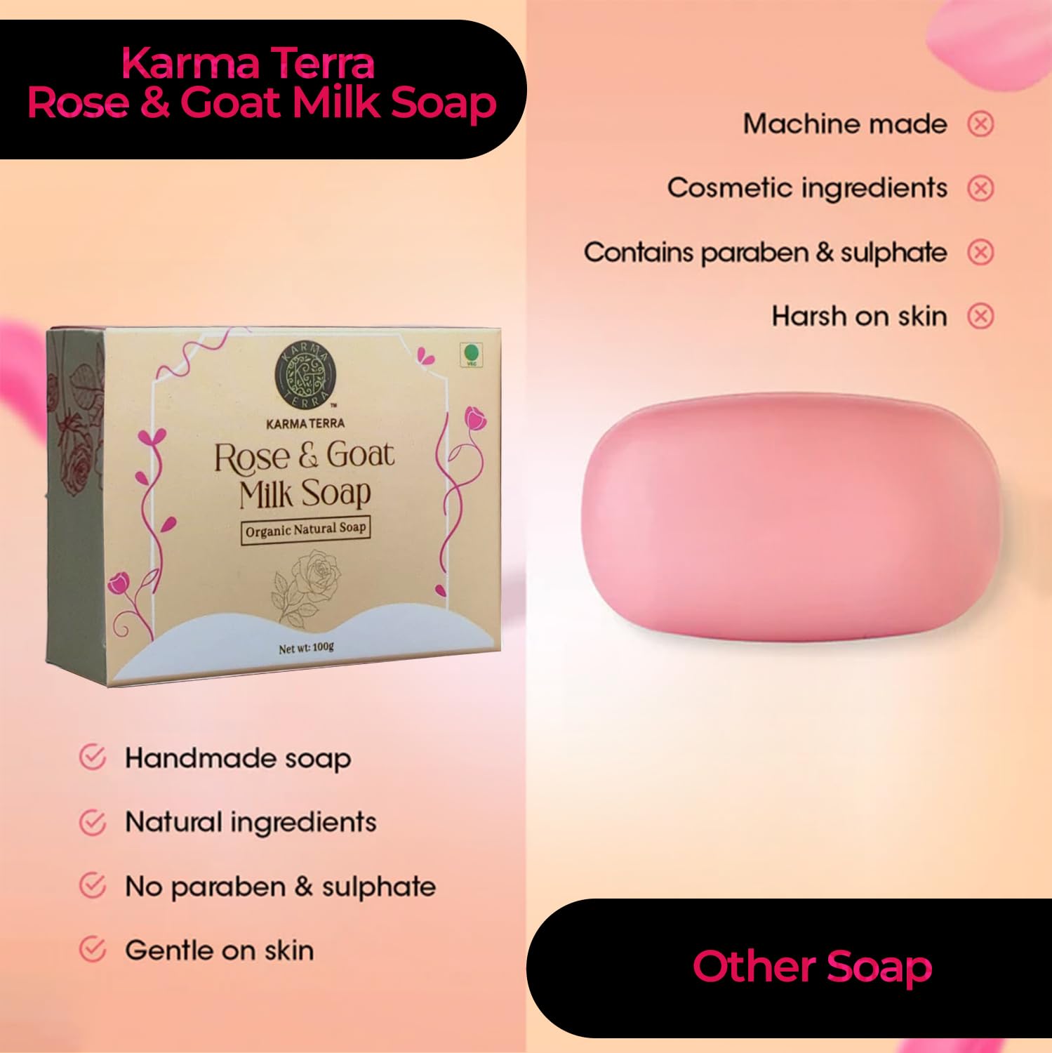 KARMA TERRA Goat Milk & Real Rose Petals Luxury Bath Soap - Deeply Nourishing & Moisturizing for Dry Skin - 100g Bar - Perfect for Spa Day, Gift Sets & Sensitive Skin Care Routine