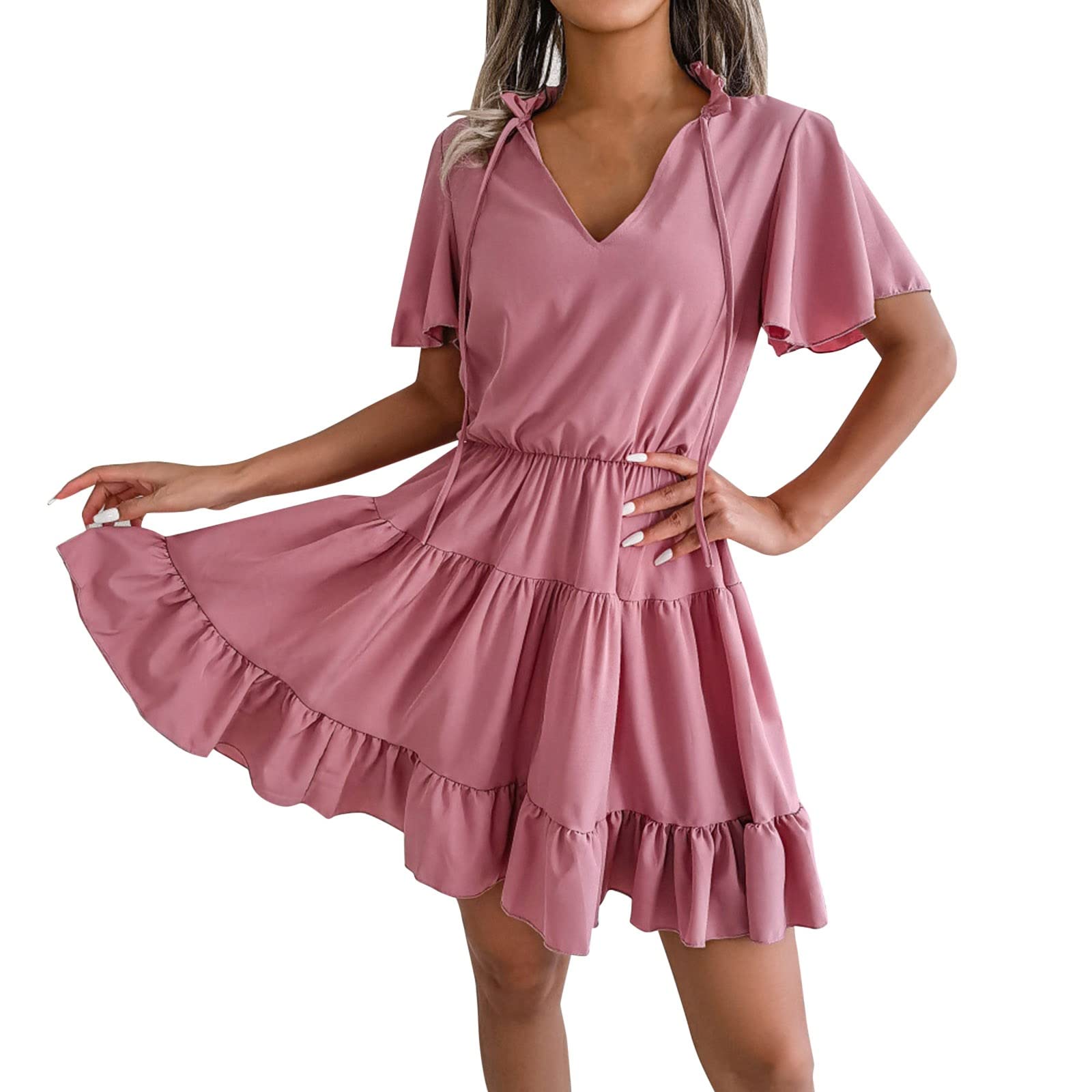 Women's Summer Swing Mini Dress - Tie Front V Neck Short Sleeve Ruffle Wrap Dress | Casual Beach Wear, Date Night Outfit & Vacation Dress for Women