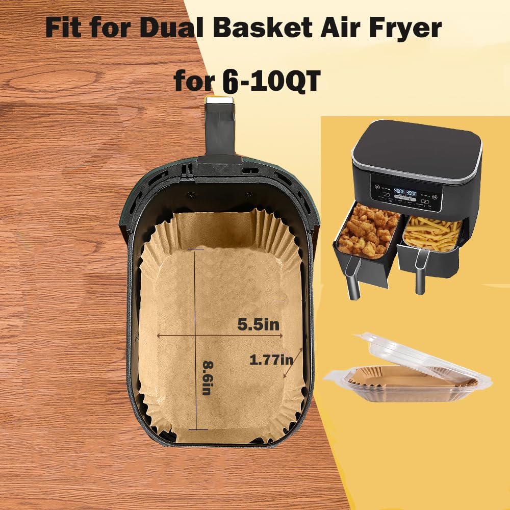 100 Pcs Disposable Air Fryer Parchment Paper Liners, 8.6x5.5 Inch Rectangle Non-Stick Baking Sheets for Dual Basket Air Fryers (DZ201/DZ401/DZ071) - Perfect for Frying, Baking, Roasting & Healthy Cooking at Home