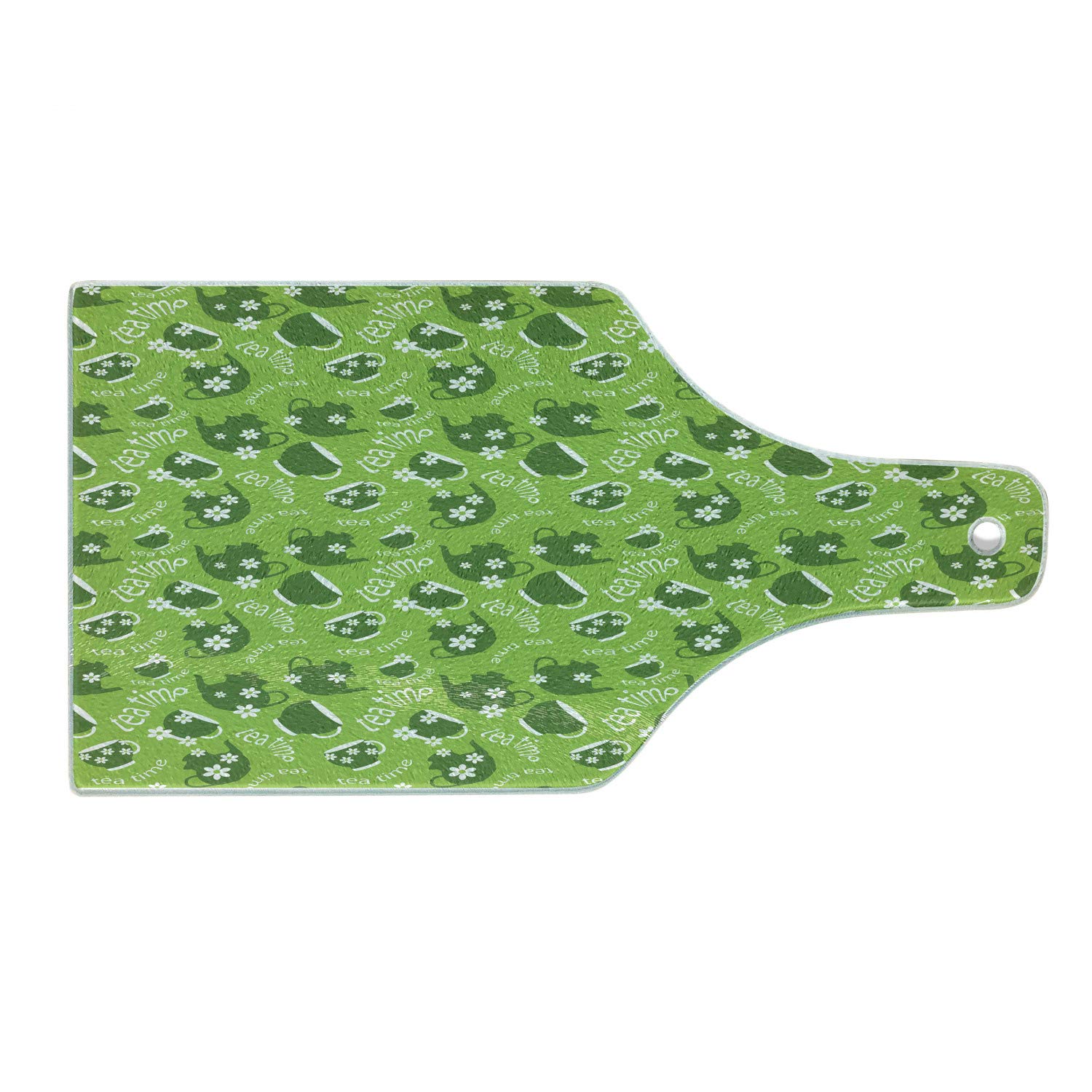 Ambesonne Tea Party Themed Tempered Glass Cutting Board - Decorative Serving Tray with Teapot & Daisy Chamomile Design, Wine Bottle Shape in Dark Green, Lime & White | Perfect for Afternoon Tea, Cheese Platters, and Kitchen Decor