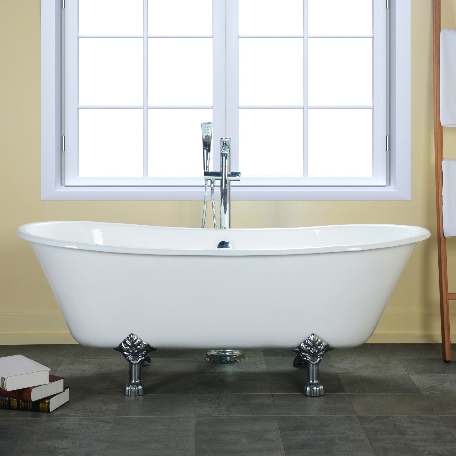 Aqua Eden 67 Inch White Cast Iron Clawfoot Bathtub - Oval Double Slipper Design with Polished Chrome Feet - Perfect for Vintage Bathroom & Luxury Spa Retreats