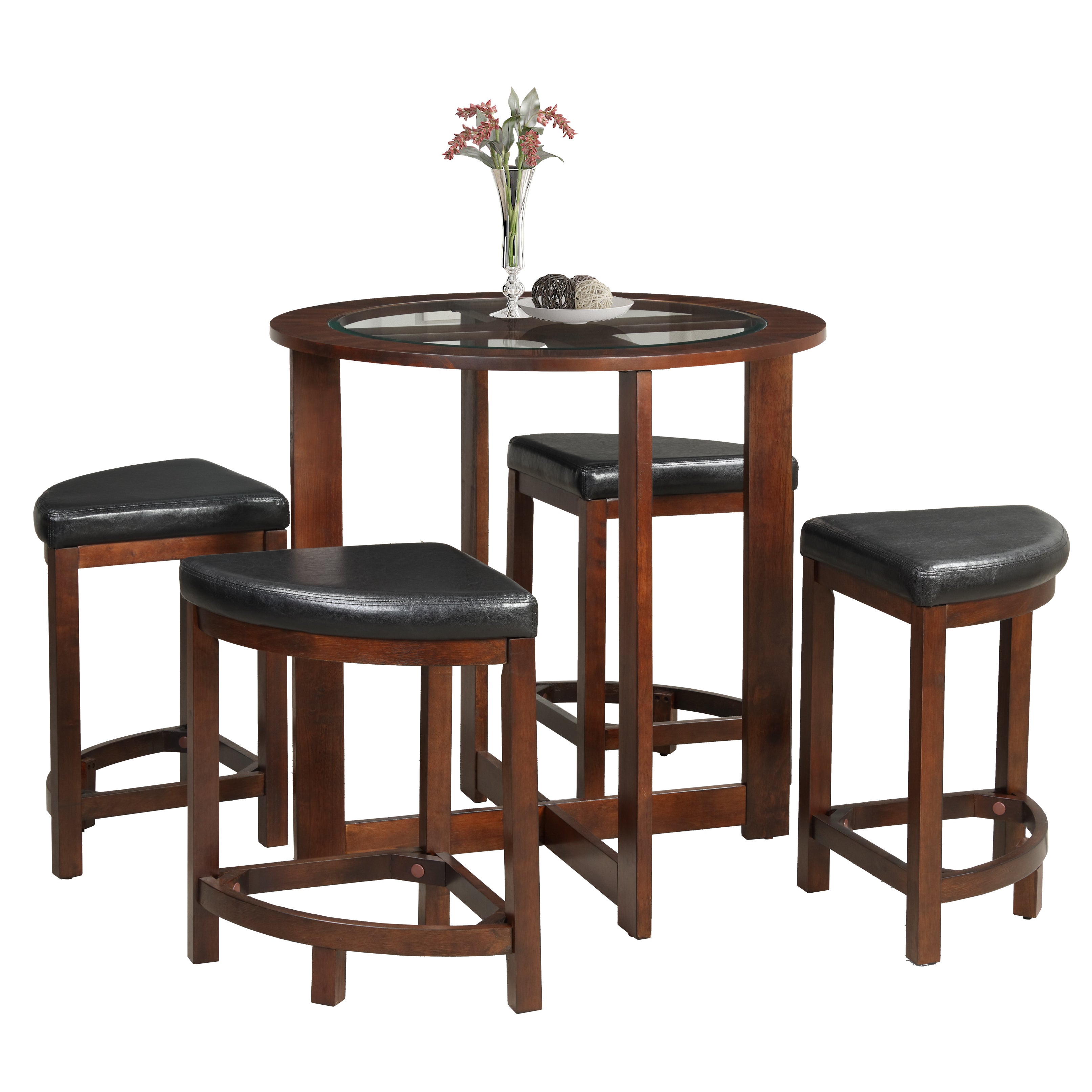 Roundhill Furniture Cylina Solid Wood Glass Top Round Counter Height Dining Table with 4 Bar Stools - Perfect for Kitchen, Breakfast Nook & Small Space Dining