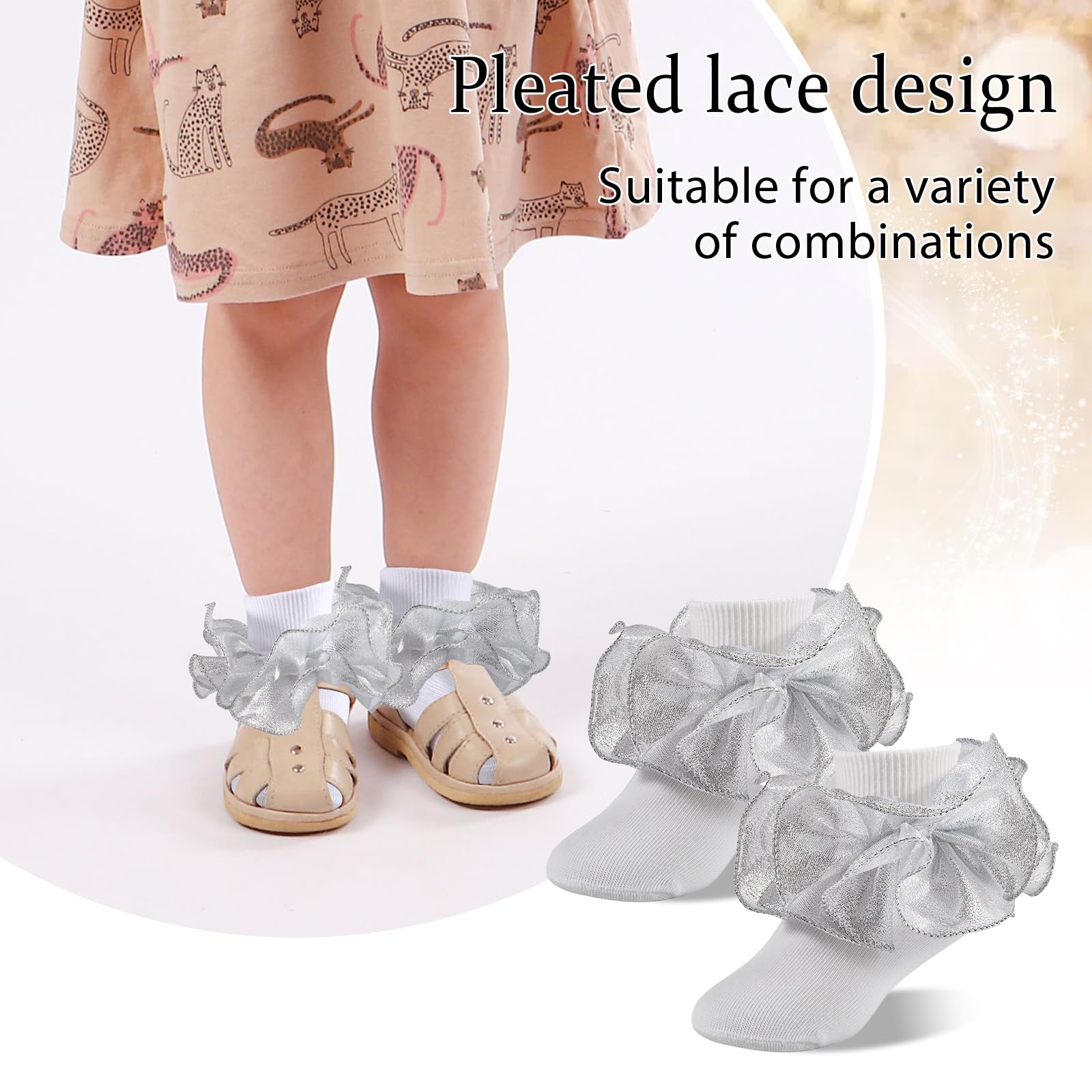 Big Ruffle Socks for Girls - Lace Frilly Dress Socks with Turn Cuff in White & Gold | Princess Style Kids Socks for Parties, Dresses & Special Occasions