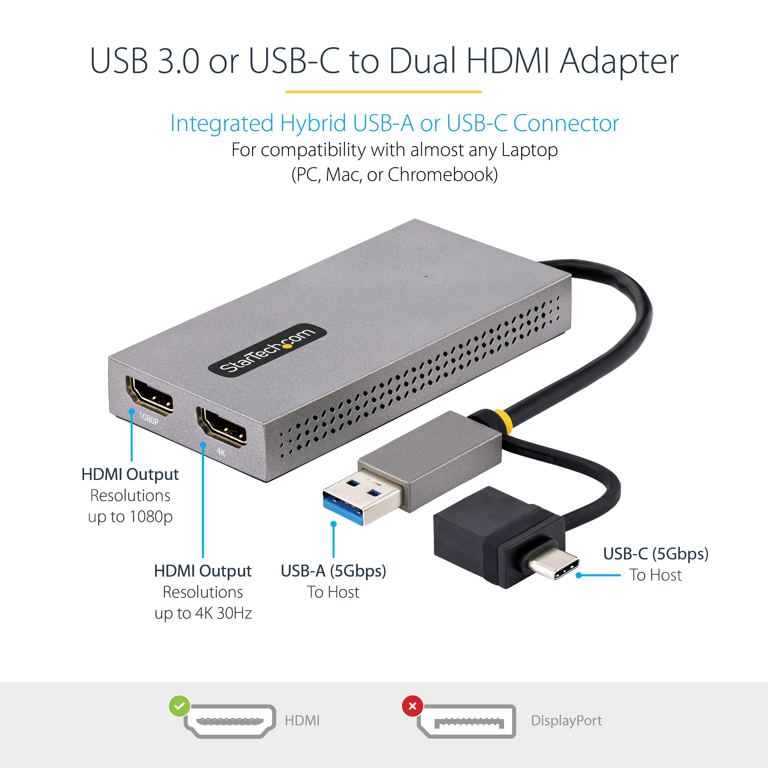 StarTech.com USB 3.0 to Dual HDMI Adapter - 4K30Hz & 1080p Dual Monitor Display Converter for Windows & Mac (USB A/C to 2x HDMI) - Perfect for Home Office, Gaming & Multi-Tasking Workstations