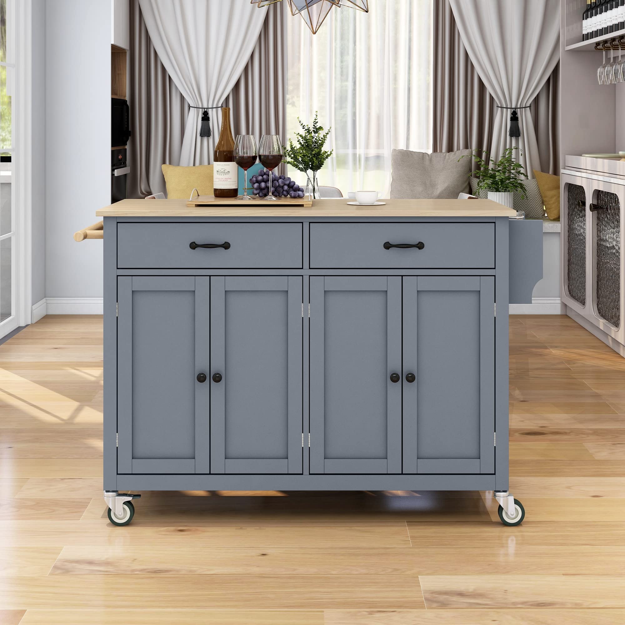 MERITLINE Mobile Kitchen Island with Storage & Wheels, Rolling Kitchen Cart Cabinet with Adjustable Shelves, Drawer, Spice & Towel Rack, Large Solid Wood Top - Grey | Portable Workstation for Small Kitchens, Dining Room Organizer, Breakfast Bar & Food Prep Station