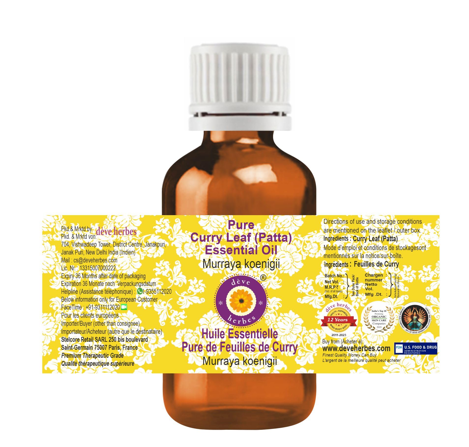 Deve Herbes Pure Curry Leaf Essential Oil (Murraya koenigii) - 5ml Steam Distilled for Aromatherapy, Hair Care & Skin Treatment | Natural Ayurvedic Remedy for Relaxation & Wellness