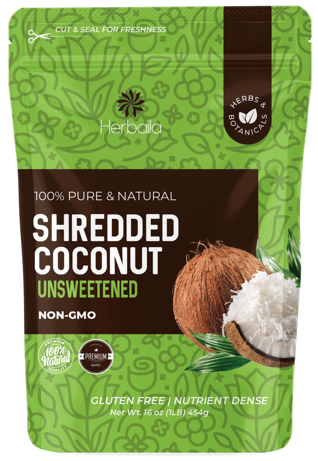 Herbaila Unsweetened Shredded Coconut Flakes - 1 lb (16 oz) | All Natural, Non-GMO, Dried Coconut Shavings for Baking, Cooking & Smoothies | Premium Quality Coconut Flakes for Desserts, Granola & Healthy Snacks