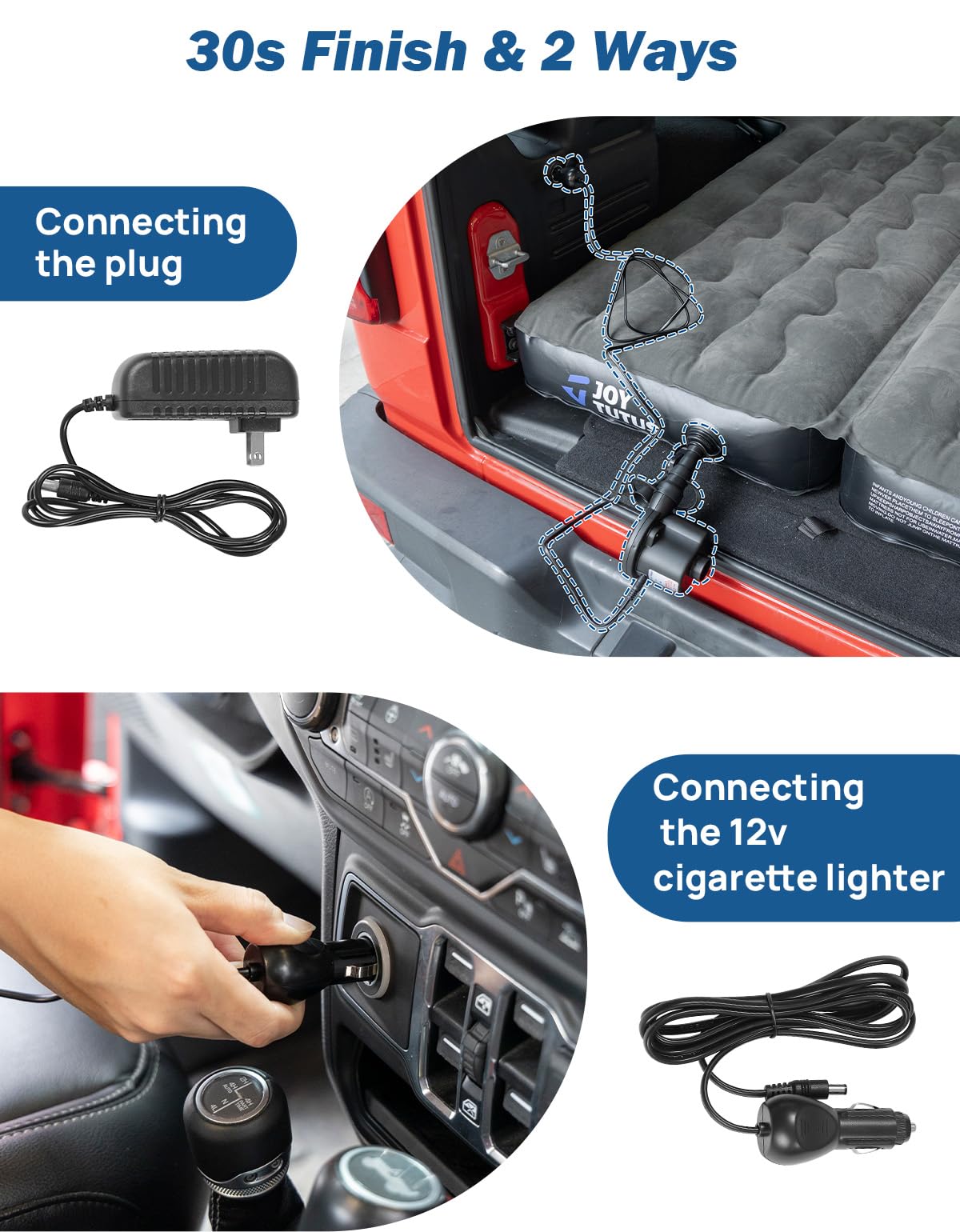 JOYTUTUS SUV Air Mattress for Camping - Inflatable Car Mattress with Built-in Air Pump, Fits 2018-2025 Jeep Wrangler JL 4-Door & Ford Bronco (Excludes 4XE) - Includes 2 Pillows, Dark Grey - Perfect for Road Trips, Outdoor Adventures & Car Camping