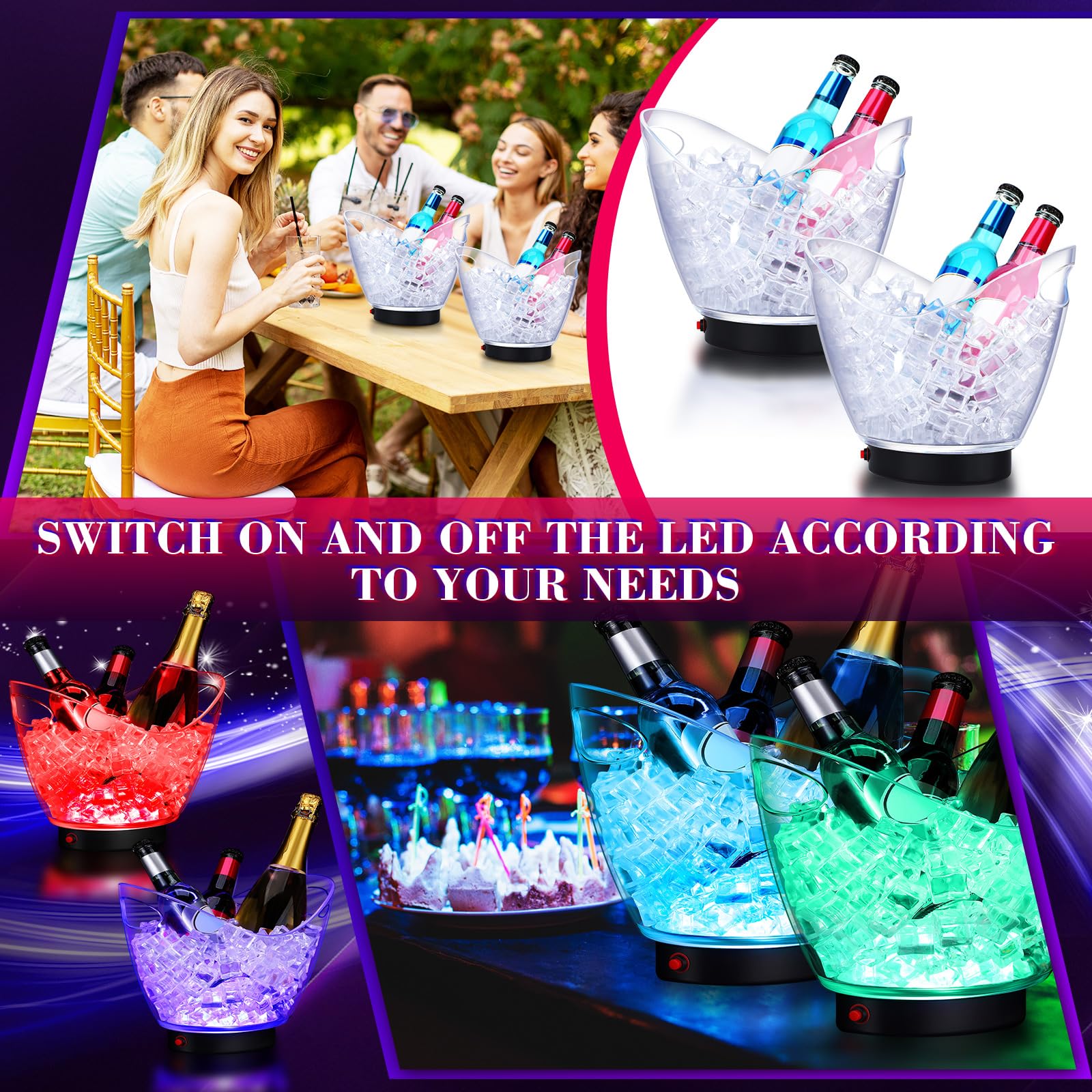 Umigy 6-Pack 5L Clear Plastic LED Ice Buckets - Large Capacity RGB Color Changing Light Up Cooler for Champagne, Wine, Beer - Perfect for Parties, Bars, Clubs & Outdoor Gatherings