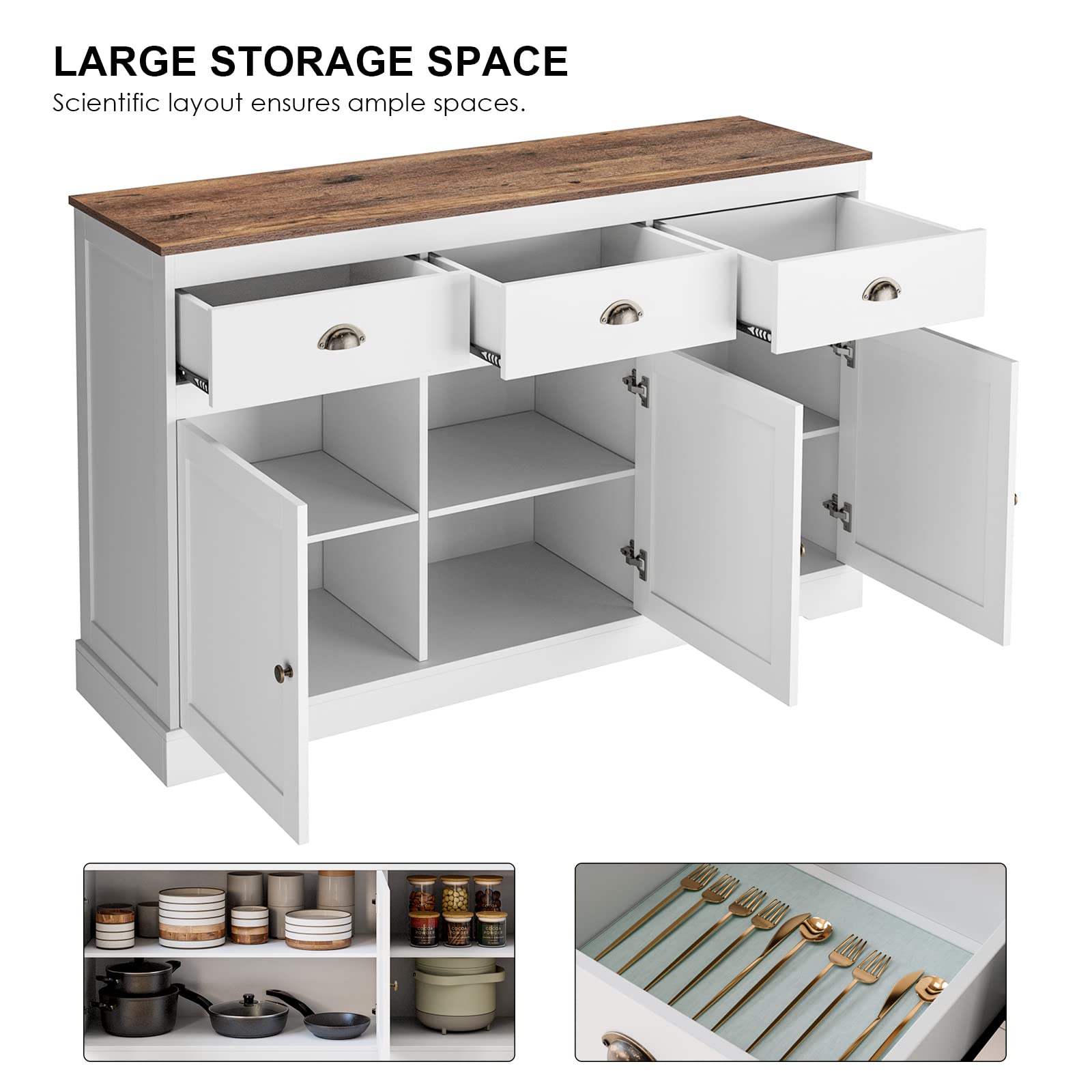 Farmhouse Style White Buffet Cabinet with 3 Drawers & 3 Doors - Adjustable Shelves Storage Sideboard for Dining Room, Living Room & Kitchen - Wine Bar Cabinet, Server Console & Cupboard Organizer - Perfect for Entertaining, Storage & Home Decor