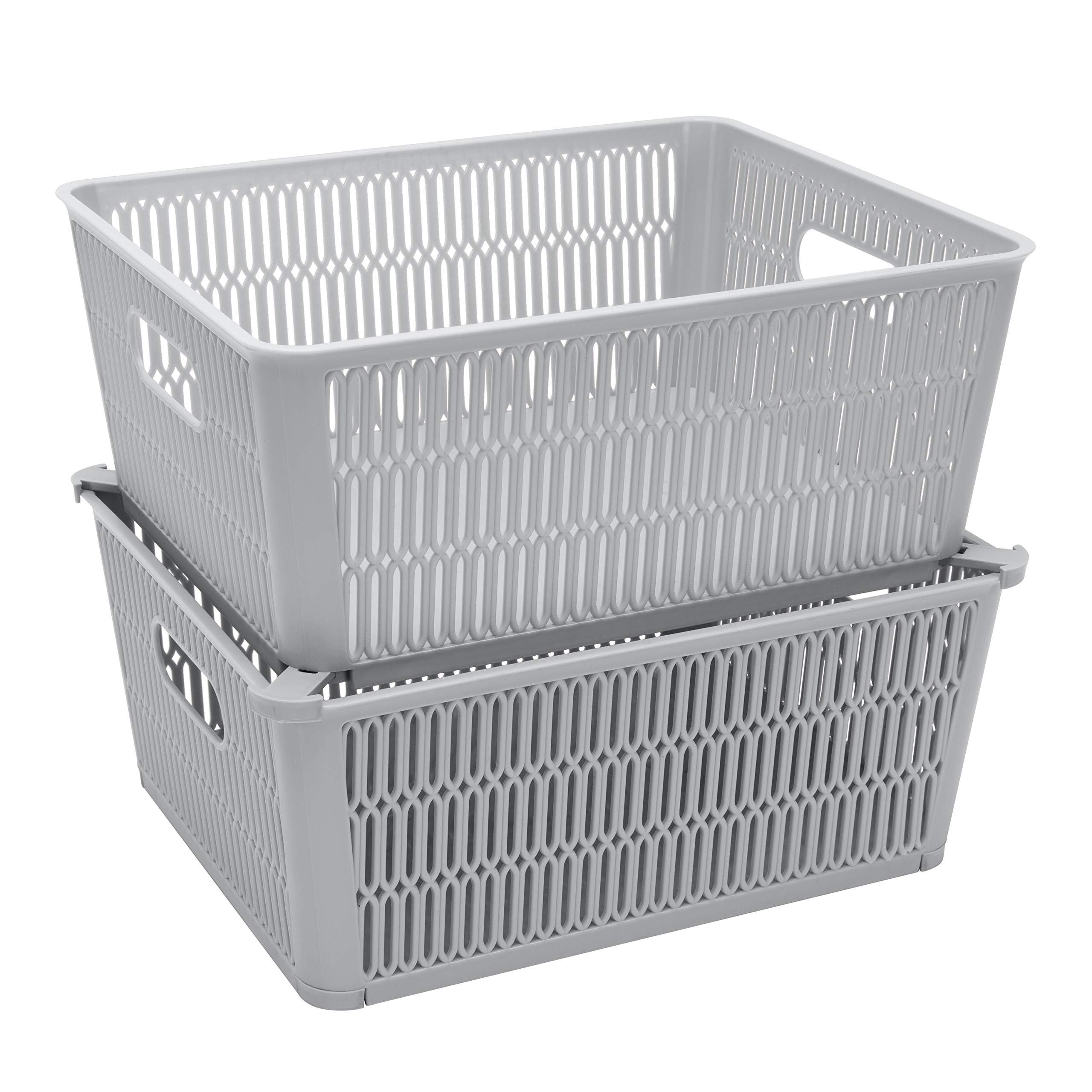 Simplify 2-Pack Large Slide & Stack Tote Baskets - Grey Storage Bins with Stackable Design for Bathroom, Craft Room, Pantry, Playroom & Office Organization | Perfect for Home Storage & Clutter Control