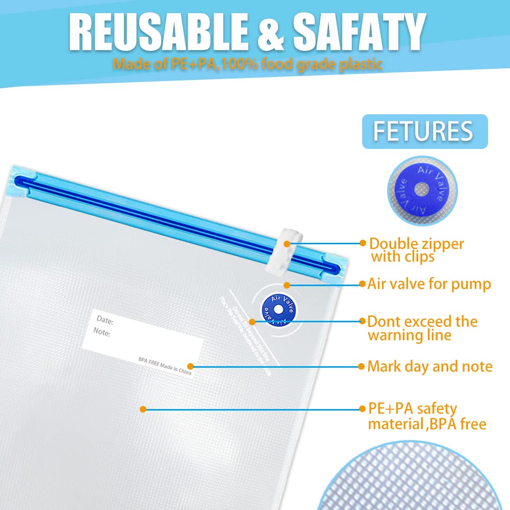 BPA Free Reusable Vacuum Sealer Bags Kit - 40pcs Sous Vide Bags in 3 Sizes with Hand Pump & Sealing Clips | Keep Food Fresh for Meal Prep, Sous Vide Cooking & Freezer Storage