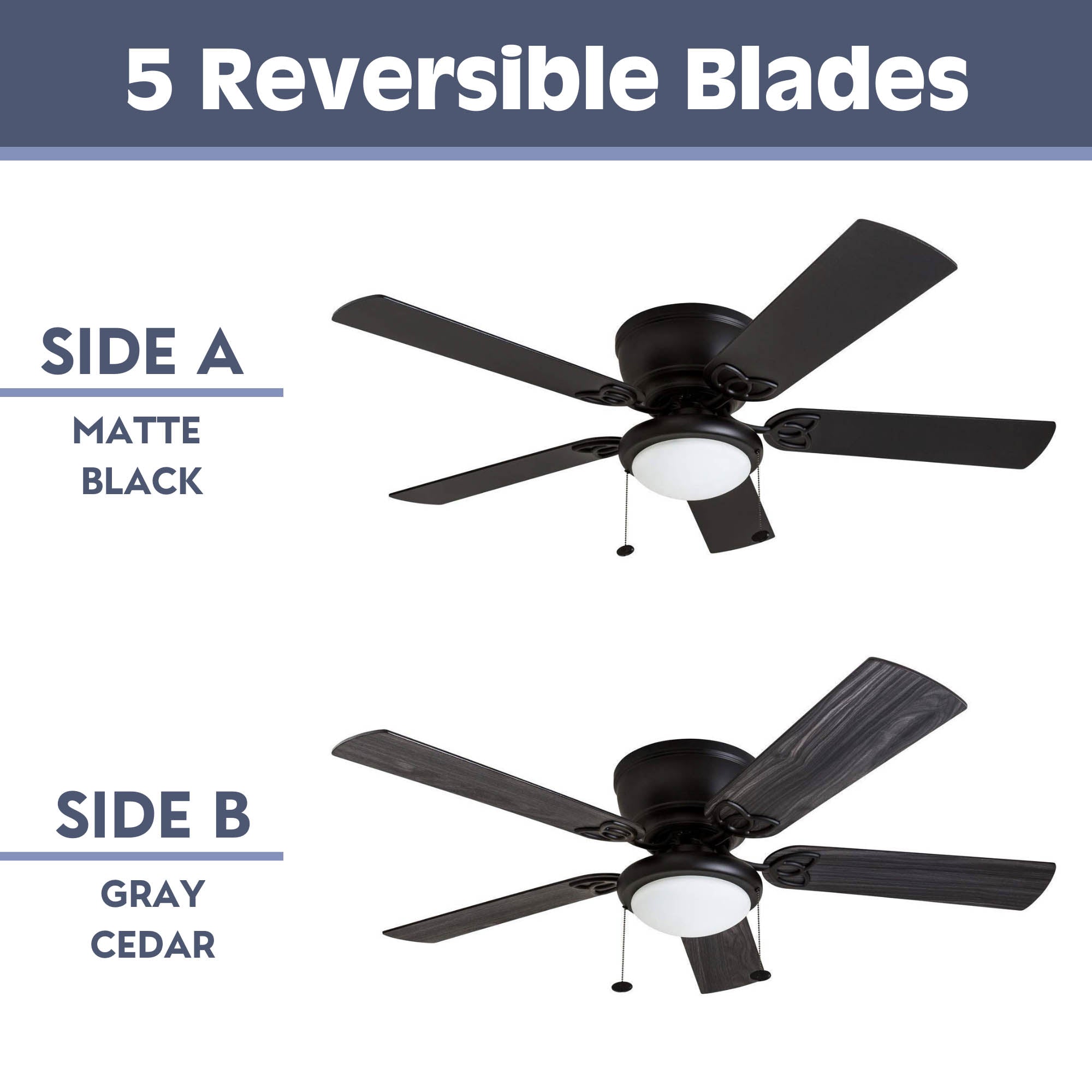 52 Inch Benton Matte Black Ceiling Fan with Pull Chain - Energy Efficient Indoor/Outdoor Fan for Living Room, Bedroom, or Patio