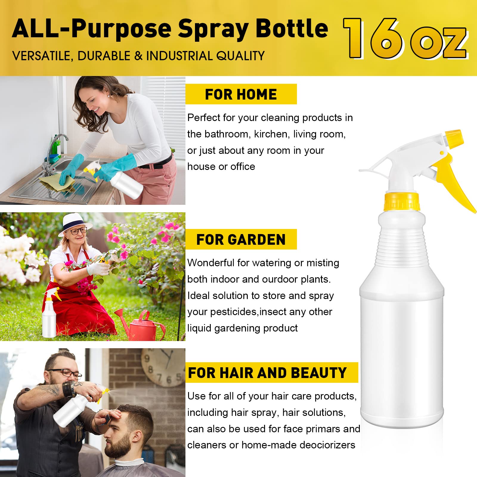 Yaomiao 12-Pack 16 oz Empty Plastic Spray Bottles – Leakproof, Refillable with Adjustable Yellow Nozzle – Perfect for Hair Care, Home Cleaning & Industrial Use (Great for DIY, Gardening & Pet Grooming)