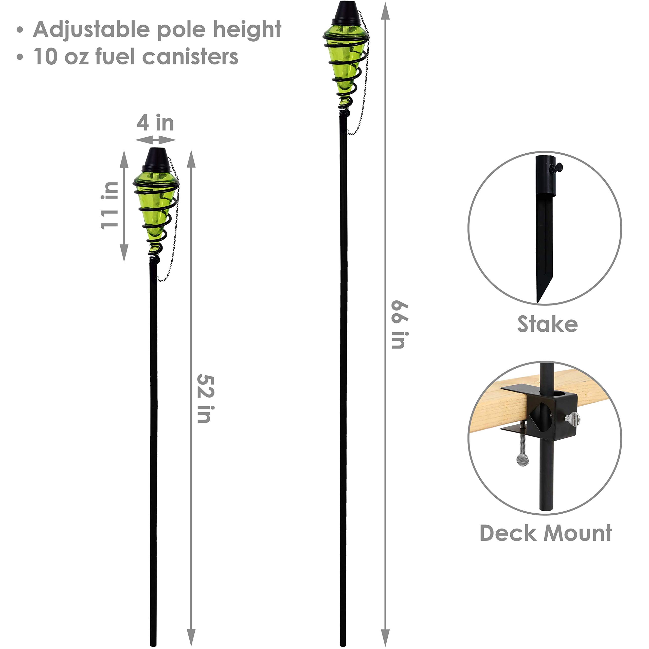 Adjustable Green Glass Torch with Metal Swirl Design - 25 to 66 Inch Height - Set of 4 Outdoor Patio Fire Pits for Backyard, Garden & Poolside Decor