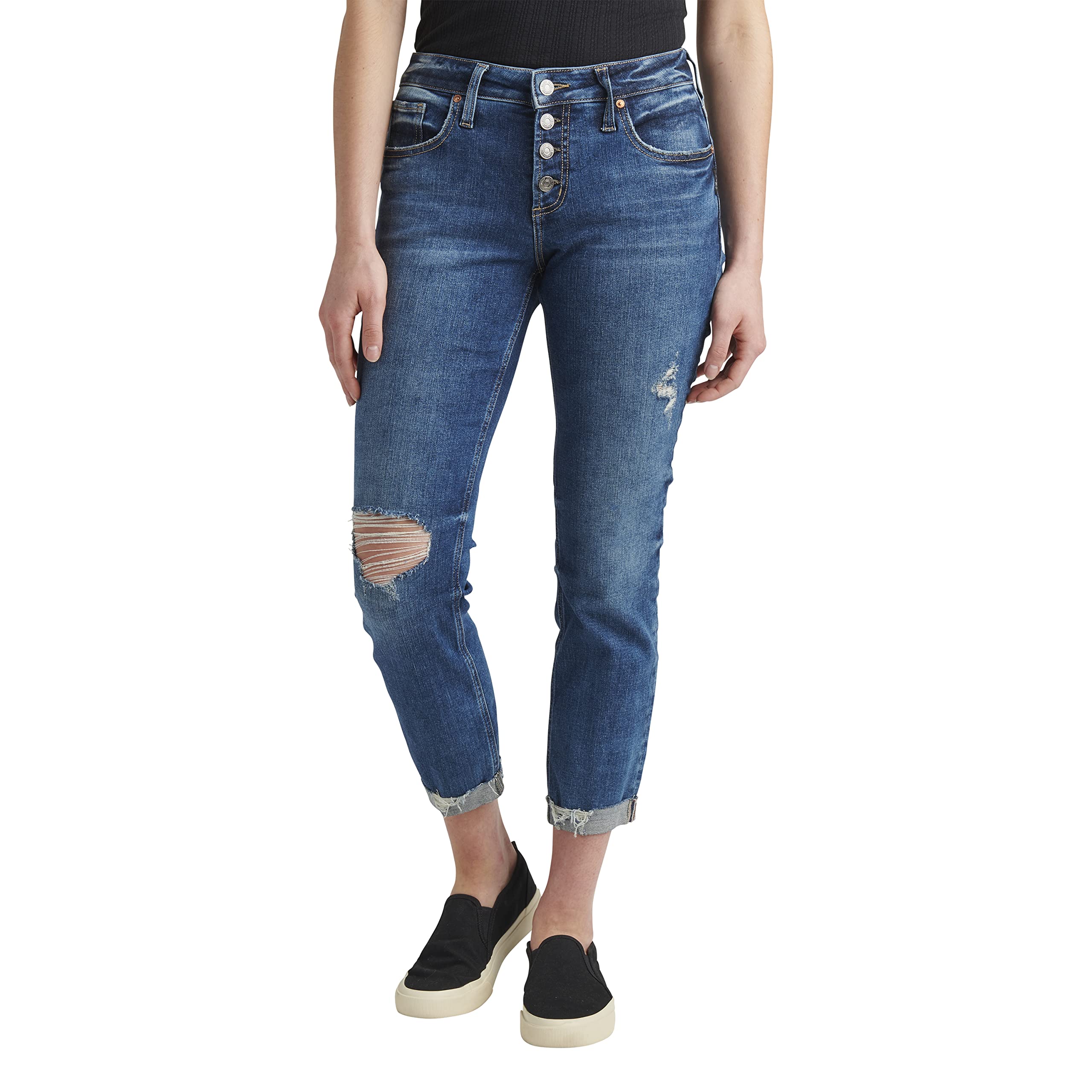 Silver Jeans Co. Women's Boyfriend Mid Rise Slim Leg Jeans - Comfortable Stretch Denim Pants for Casual Wear & Everyday Outfits