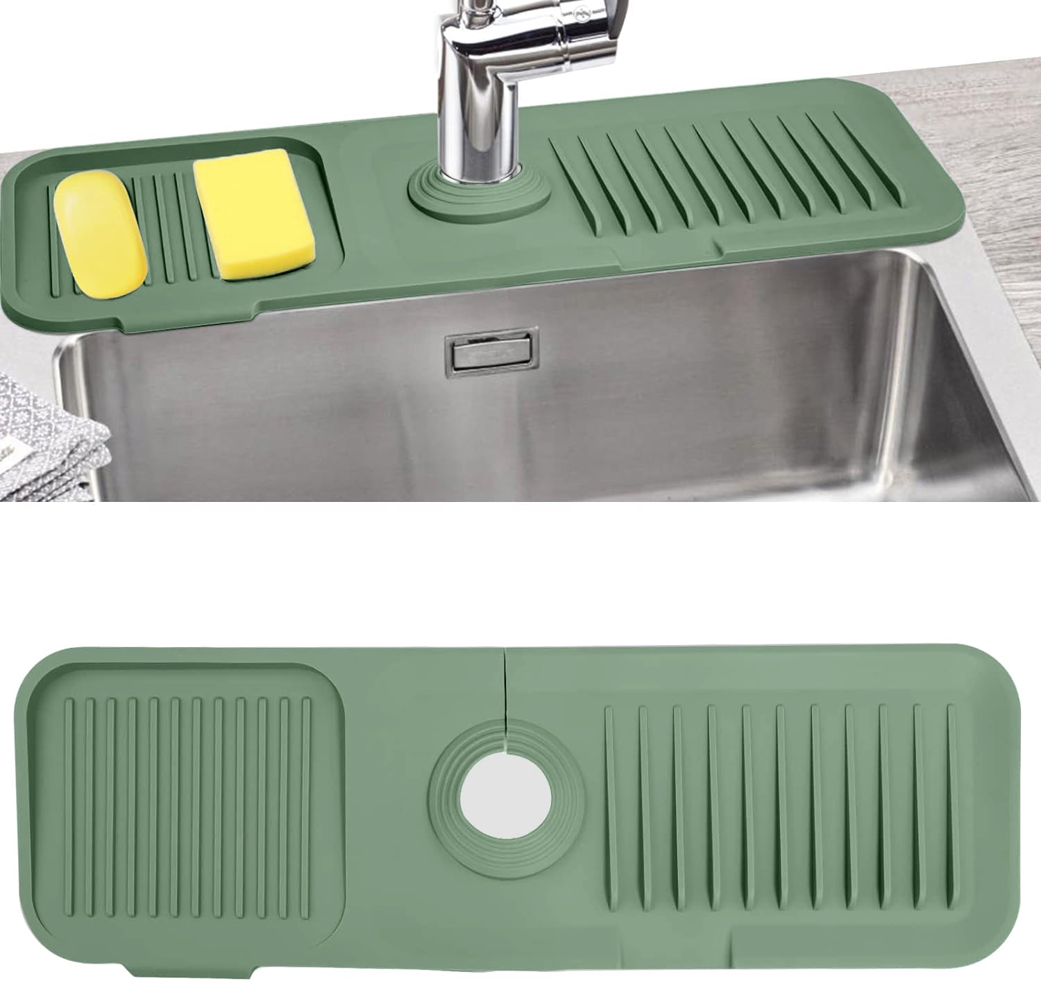 **Premium Silicone Sink Splash Guard & Faucet Mat – Non-Slip, Absorbent Kitchen & Bathroom Sink Accessories – Sponge Holder & Water Splash Protector (Green) – Perfect for Washing Dishes, Brushing Teeth & Keeping Countertops Dry**