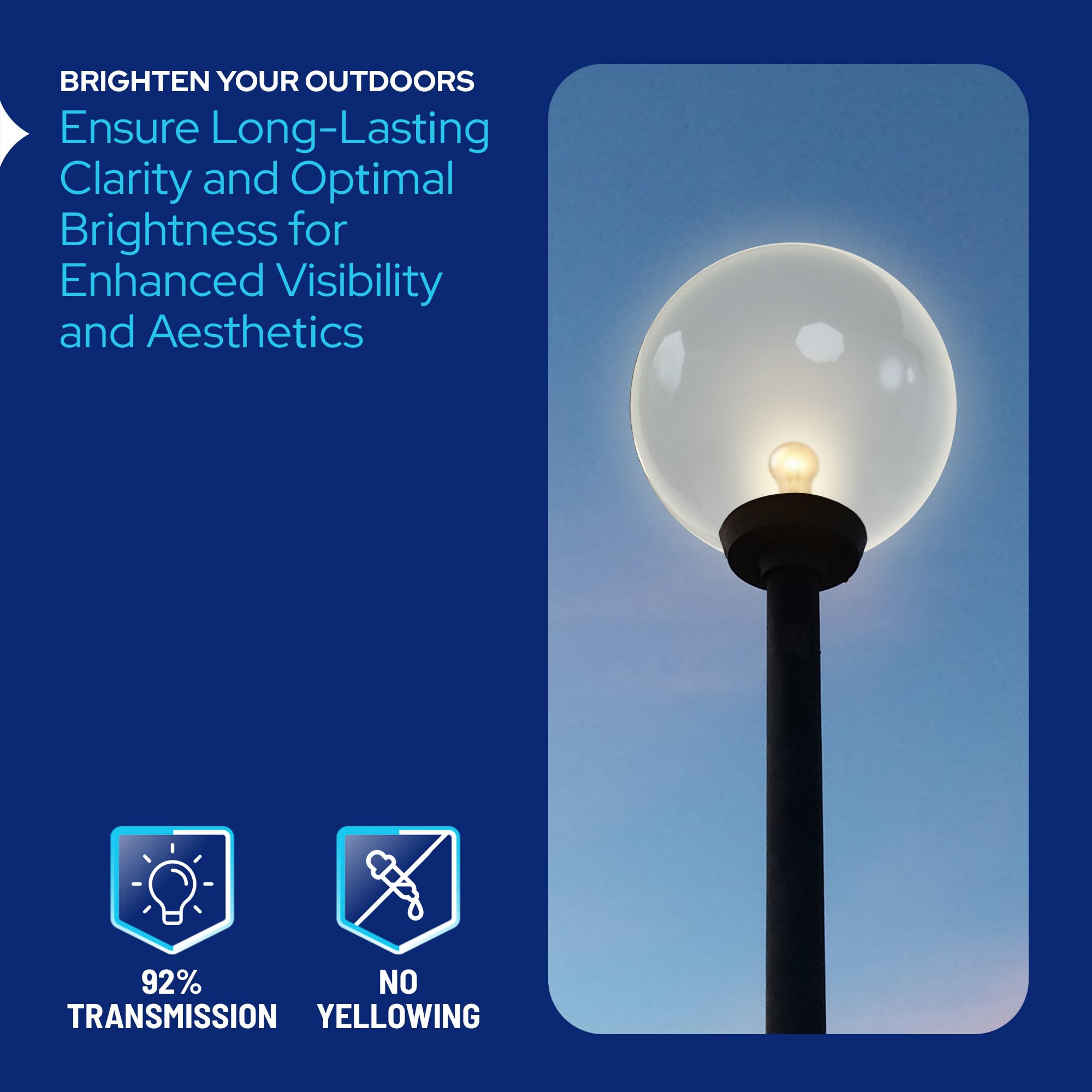 KastLite 18 Inch Clear Acrylic Outdoor Lamp Post Globe Light Diffuser - Smooth Textured with 8 Inch Fitter Neck Opening - USA Made Light Pole Fixture Replacement - Perfect for Porch, Garden, Pathway and Landscape Lighting