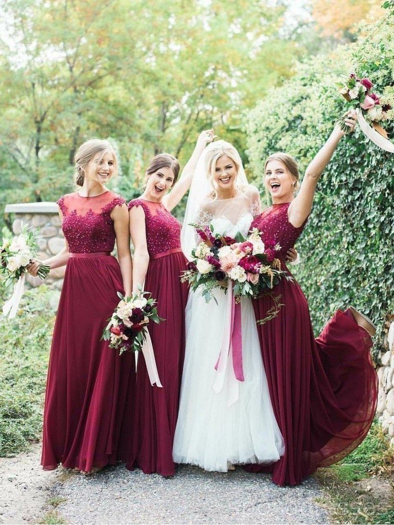 Elegant Floor Length Chiffon Bridesmaid Dress with Lace Details in Jewel Wine - Perfect for Beach Weddings, Formal Events & Special Occasions