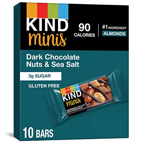 KIND Minis Dark Chocolate Nuts & Sea Salt Gluten Free Healthy Snack Bars - Low Calorie, Low Sugar, 10 Count - Perfect for On-the-Go, Office Snacks & Weight Management