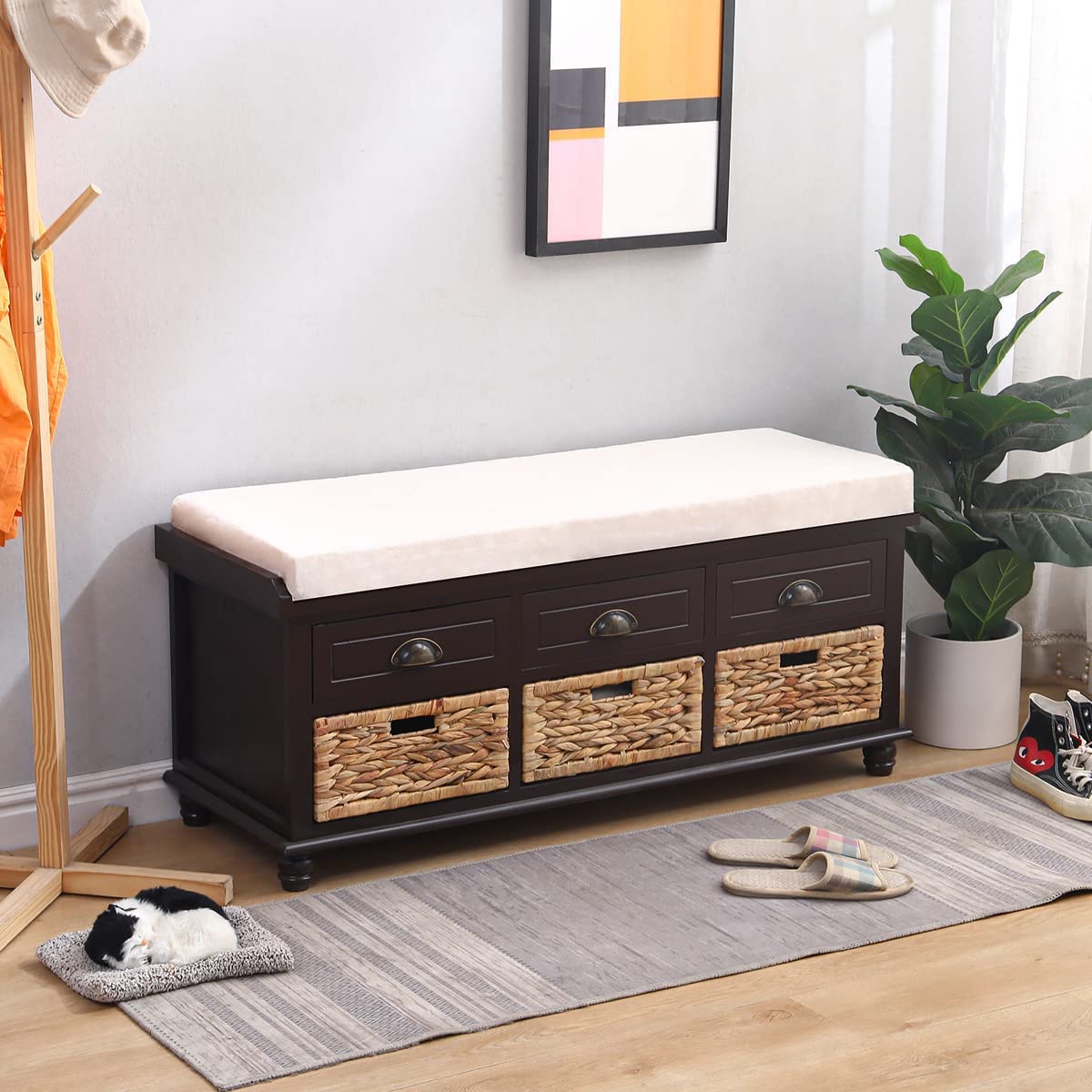 Storage Bench with 3 Drawers & Rattan Baskets - Entryway Shoe Bench with Removable Cushion - Multifunctional Hallway, Living Room Furniture - Perfect for Organizing Shoes, Coats & Home Decor