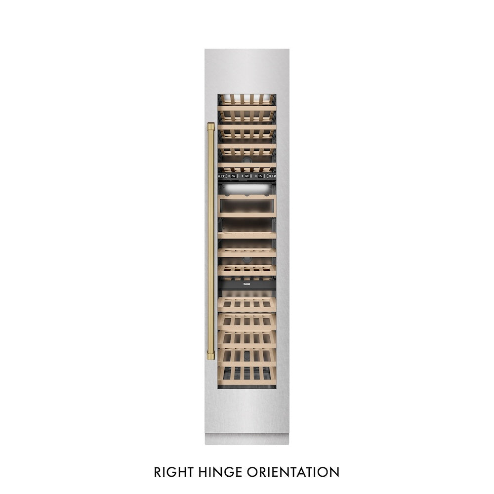 ZLINE Autograph Edition 18 Inch 9.0 cu ft Triple Zone 68 Bottle Right Hinge Column Wine Cooler - Satin Stainless Steel with Champagne Bronze Accents - Perfect for Home Bars, Wine Cellars & Entertaining (RCWVRZ SN 18 CB)