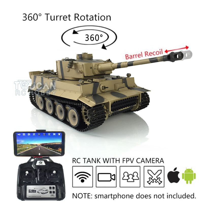 Henglong 1/16 Scale 7.0 Plastic Tiger I RC Tank Model 3818 with 360° Rotating Turret, Recoil Barrel, FPV Phone Holder & Steel Gearbox - Realistic Engine Sound for Military Enthusiasts & Battle Simulation