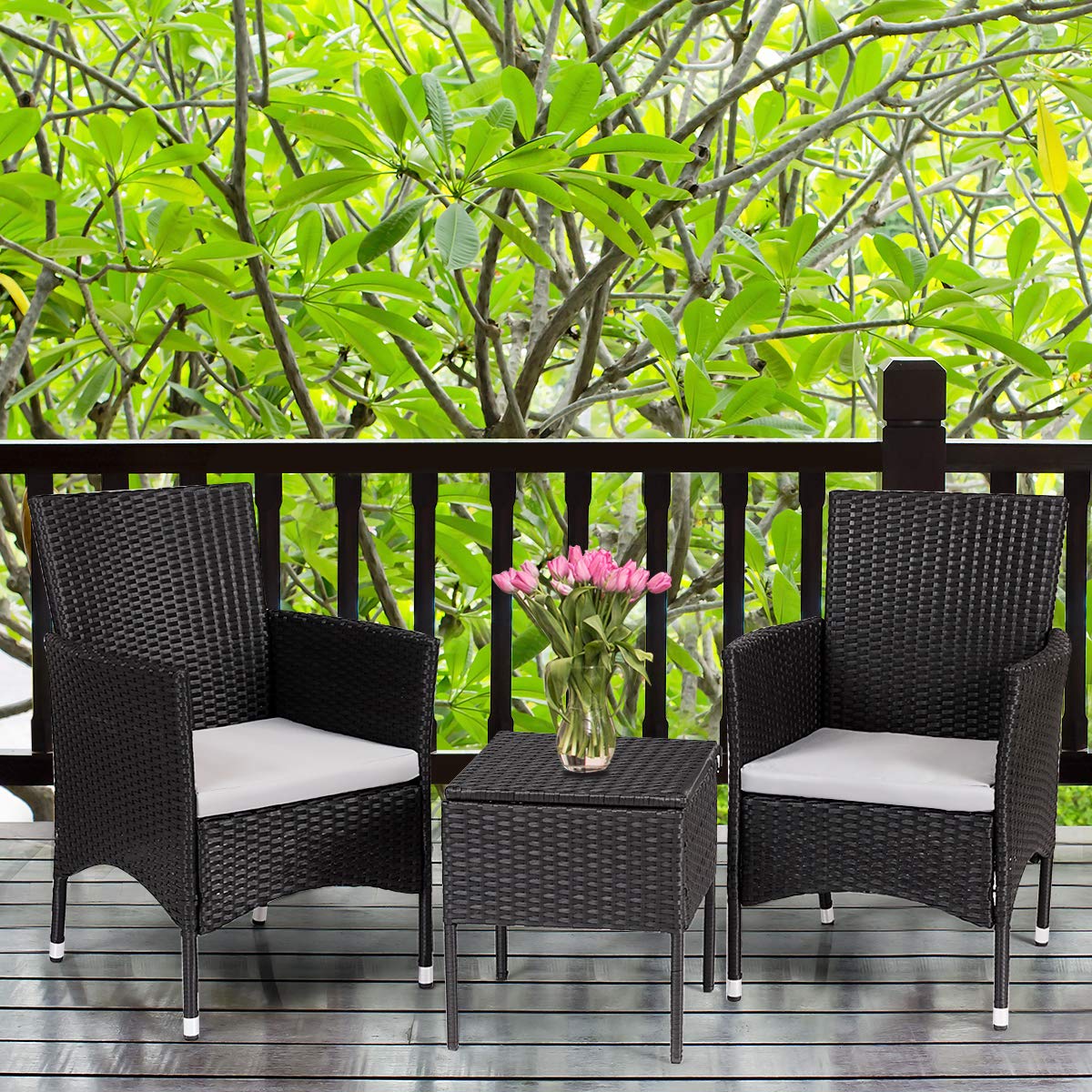 2PCS Modern Patio Rattan Chairs Set with Removable Cushions - Outdoor Wicker Armchairs for Garden, Balcony, Poolside - Durable Black Rattan Furniture for Relaxing & Entertaining