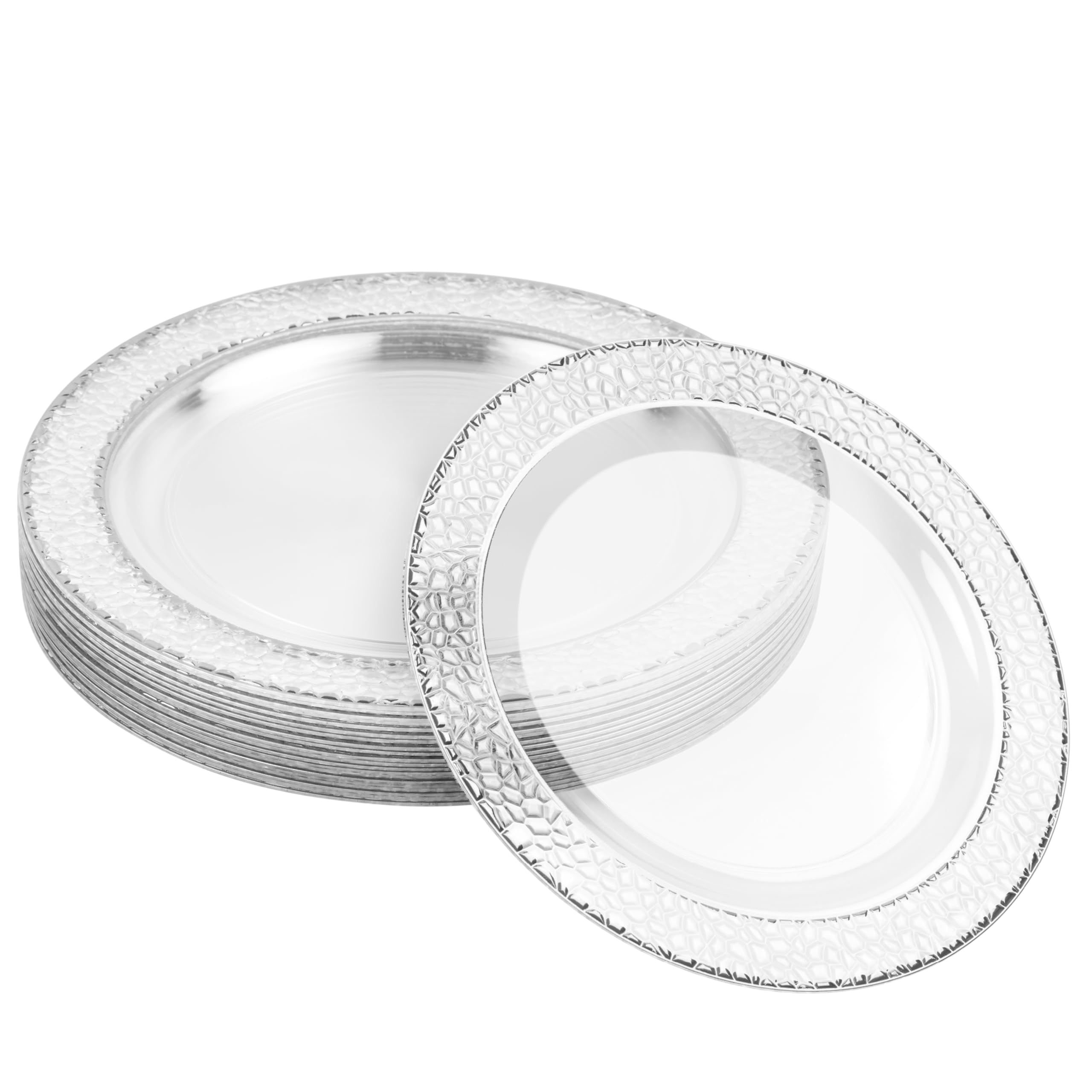 MATANA 20-Pack 7.5 Inch Clear Reusable Plastic Party Plates with Hammered Silver Rim - Heavy Duty Dinner Plates for Wedding, Bridal Shower, Birthday Party, Baby Shower & Special Events - Elegant Disposable Tableware for Indoor/Outdoor Celebrations