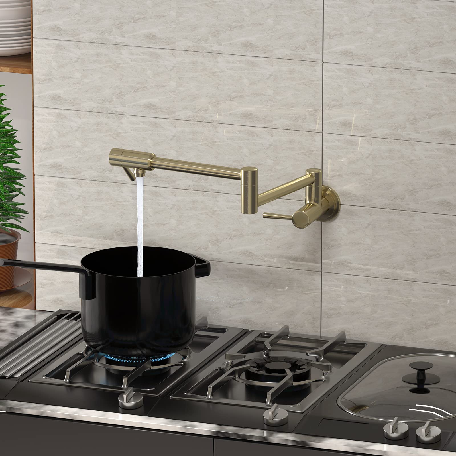 IMLEZON Commercial Stainless Steel Wall Mount Pot Filler Faucet - Single Hole, 2 Handles, Folding & Extendable Design in Champagne Bronze - Perfect for Kitchen Sinks, Restaurants & Food Prep Areas
