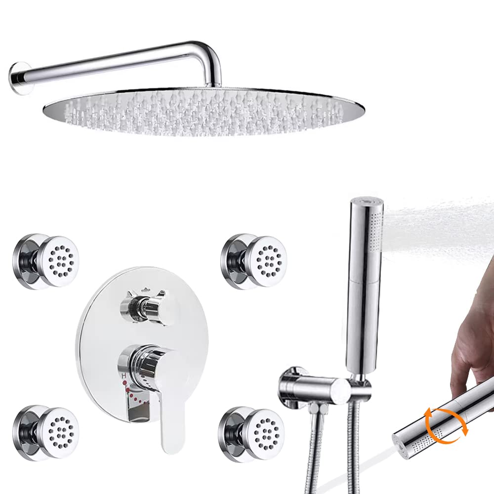 12 Inch Chrome Rain Shower System - Round Shower Head with 4 Massage Body Jets, 2-in-1 Handheld Shower, Valve & Trim Kit - Perfect for Modern Bathroom & Spa Experience