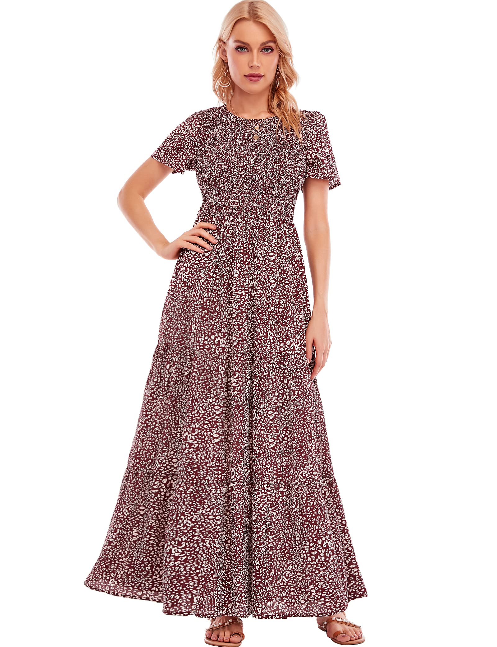 MANAIXUAN Women's Floral Print Summer Maxi Dress - Short Sleeve A-Line Tiered Sun Dress for Beach, Party & Vacation | Lightweight Casual Long Dress for Outdoor Events