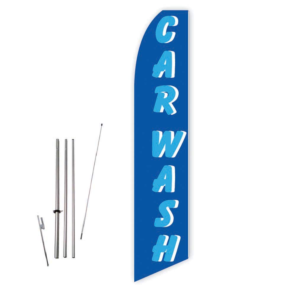 Super Novo Blue Car Wash Feather Flag with 15ft Pole & Ground Spike - Perfect for Car Detailing Businesses, Auto Shops, and Gas Station Advertising